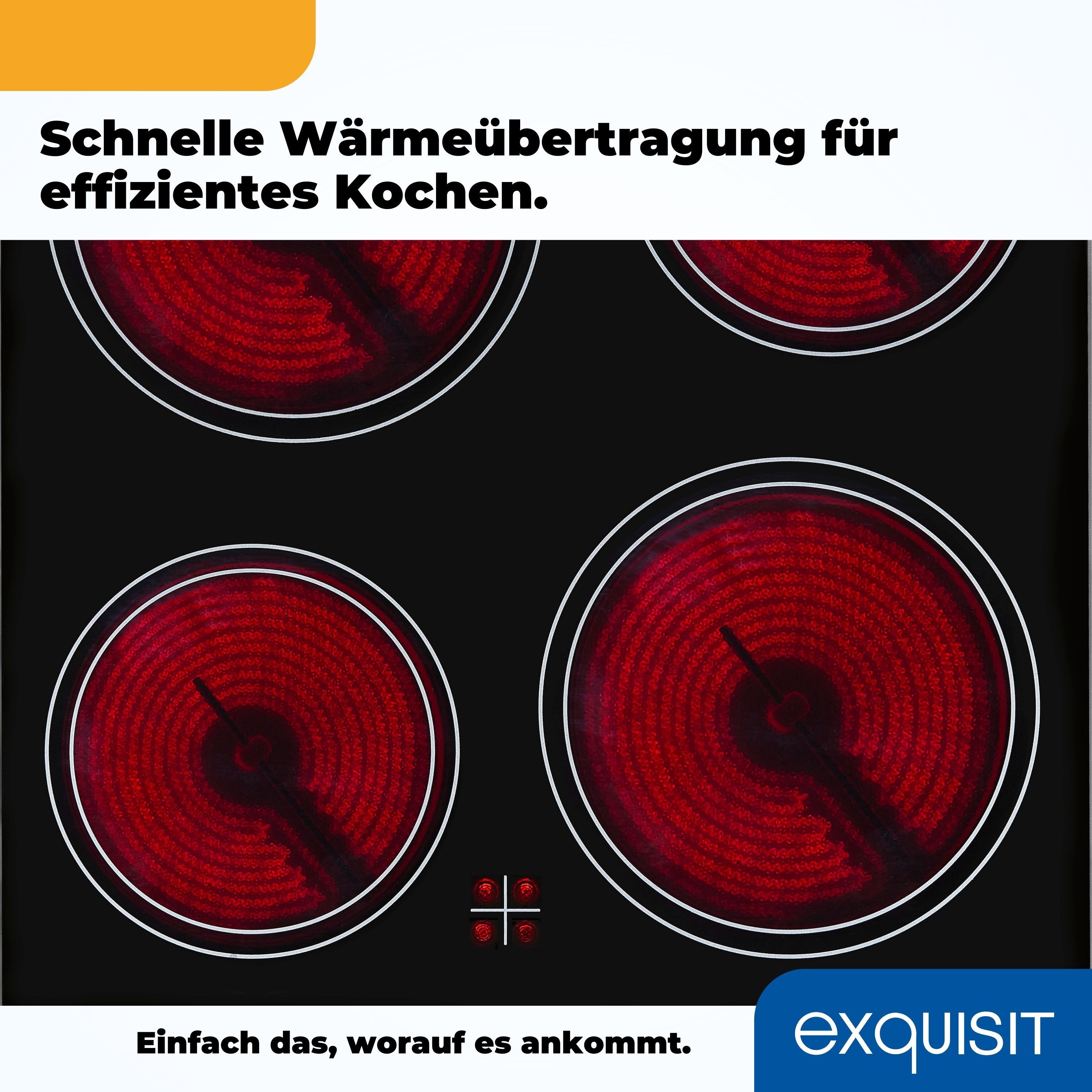 Schwarzes Elektrokochfeld mit vier roten, glühenden Kochfeldern. Text oben und unten in Gelb und Blau.