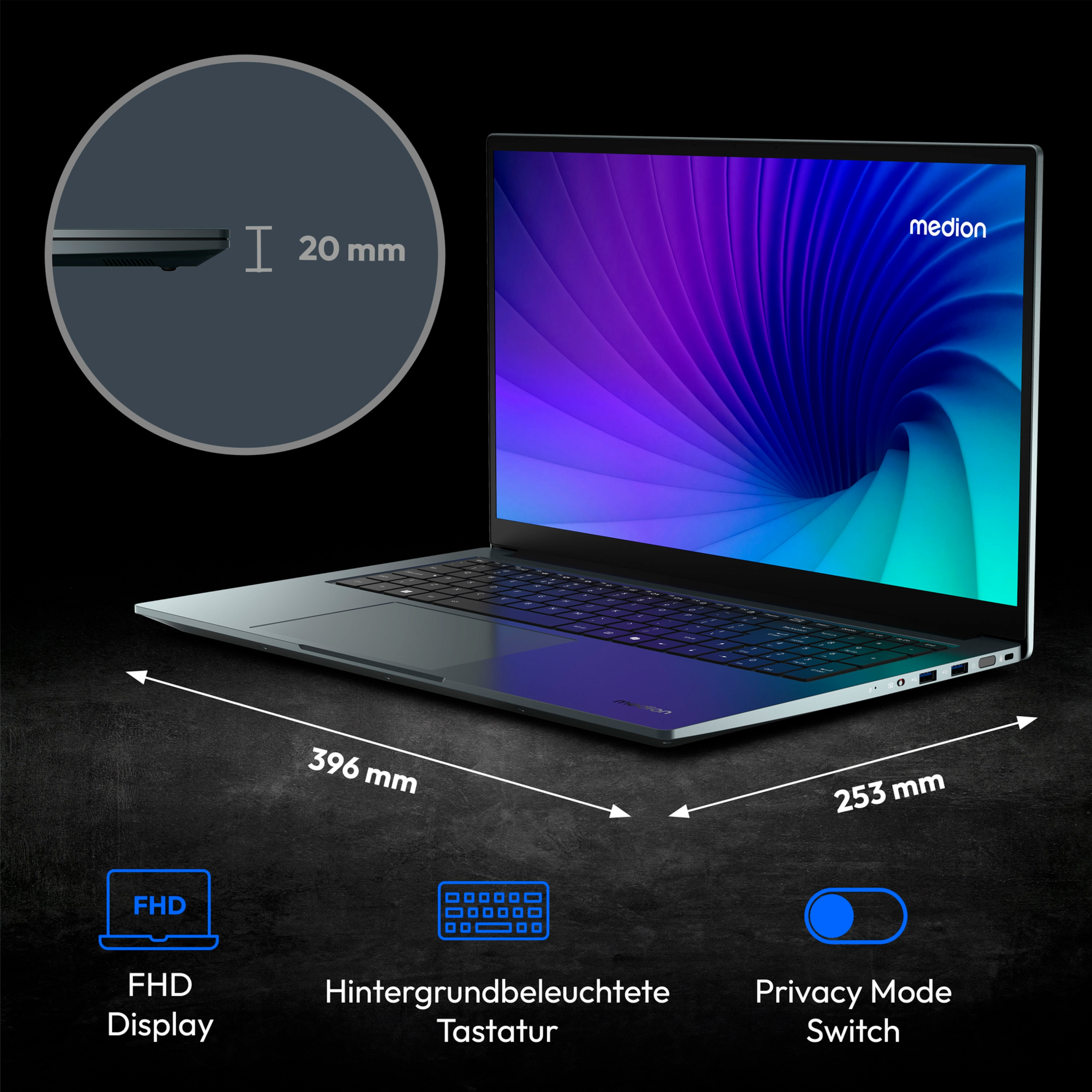 Laptop mit farbenfrohem Bildschirm. Maße: 396 mm x 253 mm x 20 mm. Merkmale: FHD-Display und Privacy Mode Switch.