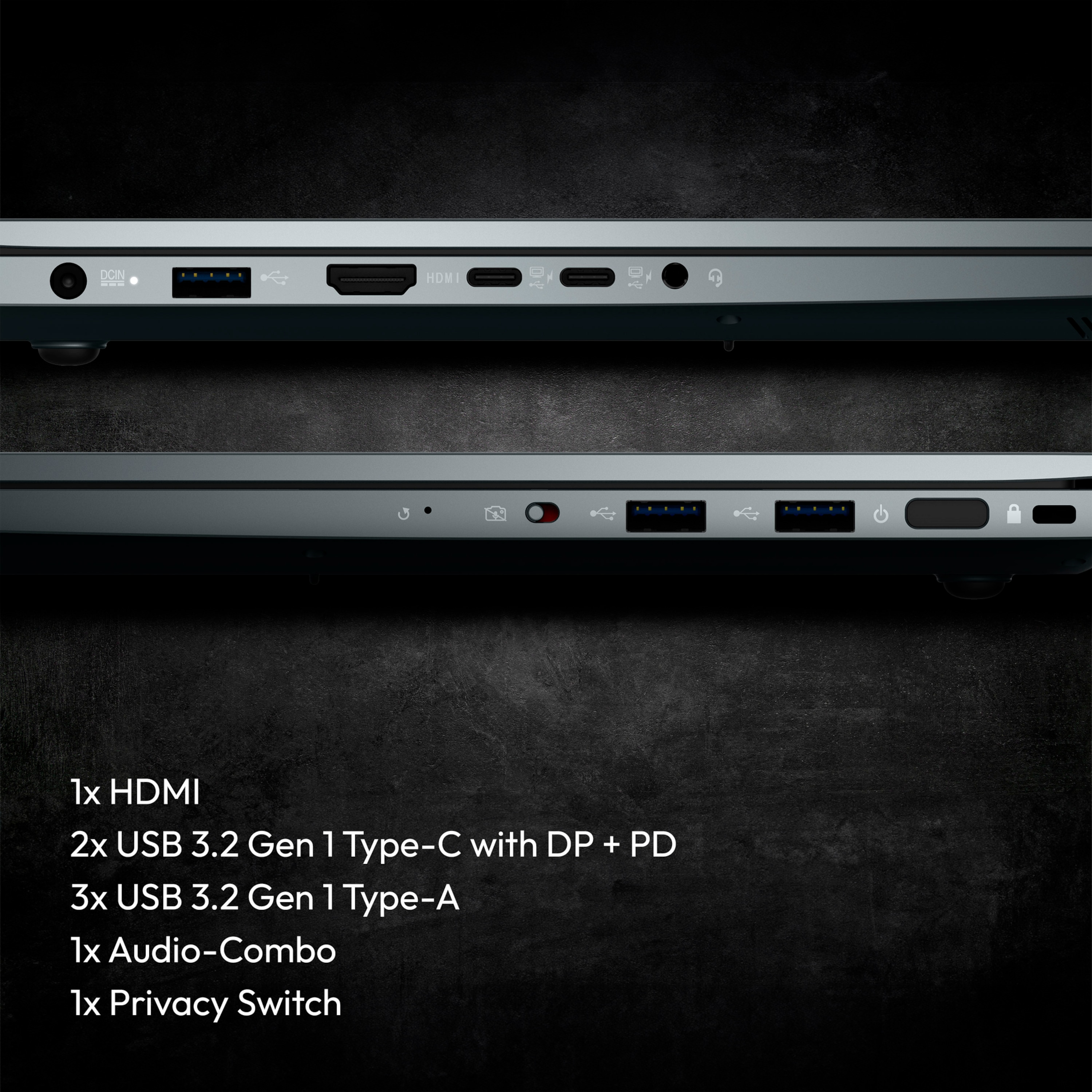 Seitenansicht eines Laptops mit HDMI-, USB- und Audioanschlüssen.