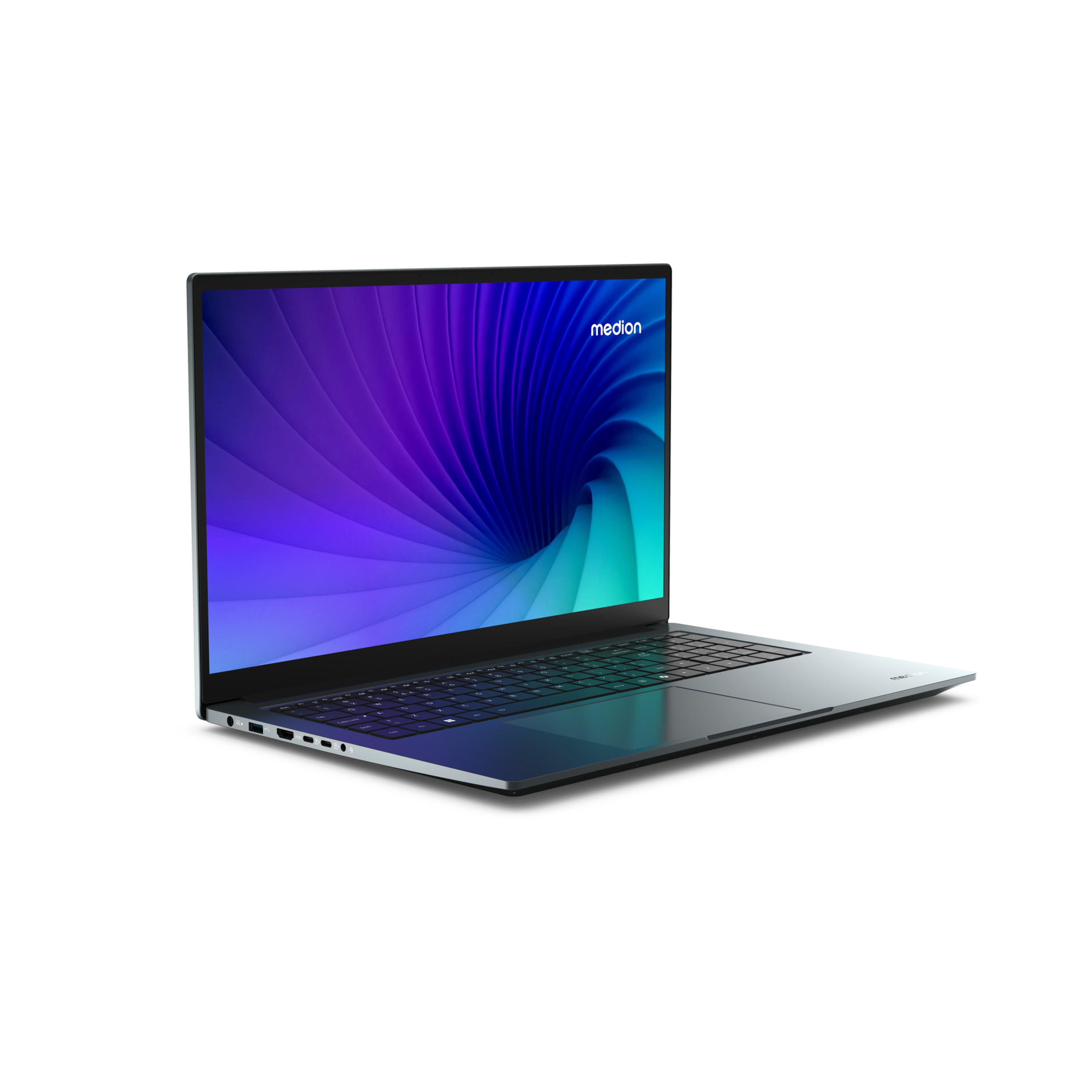 Ein silberner Laptop mit farbenfrohem Bildschirm, zeigt das Medion-Logo.