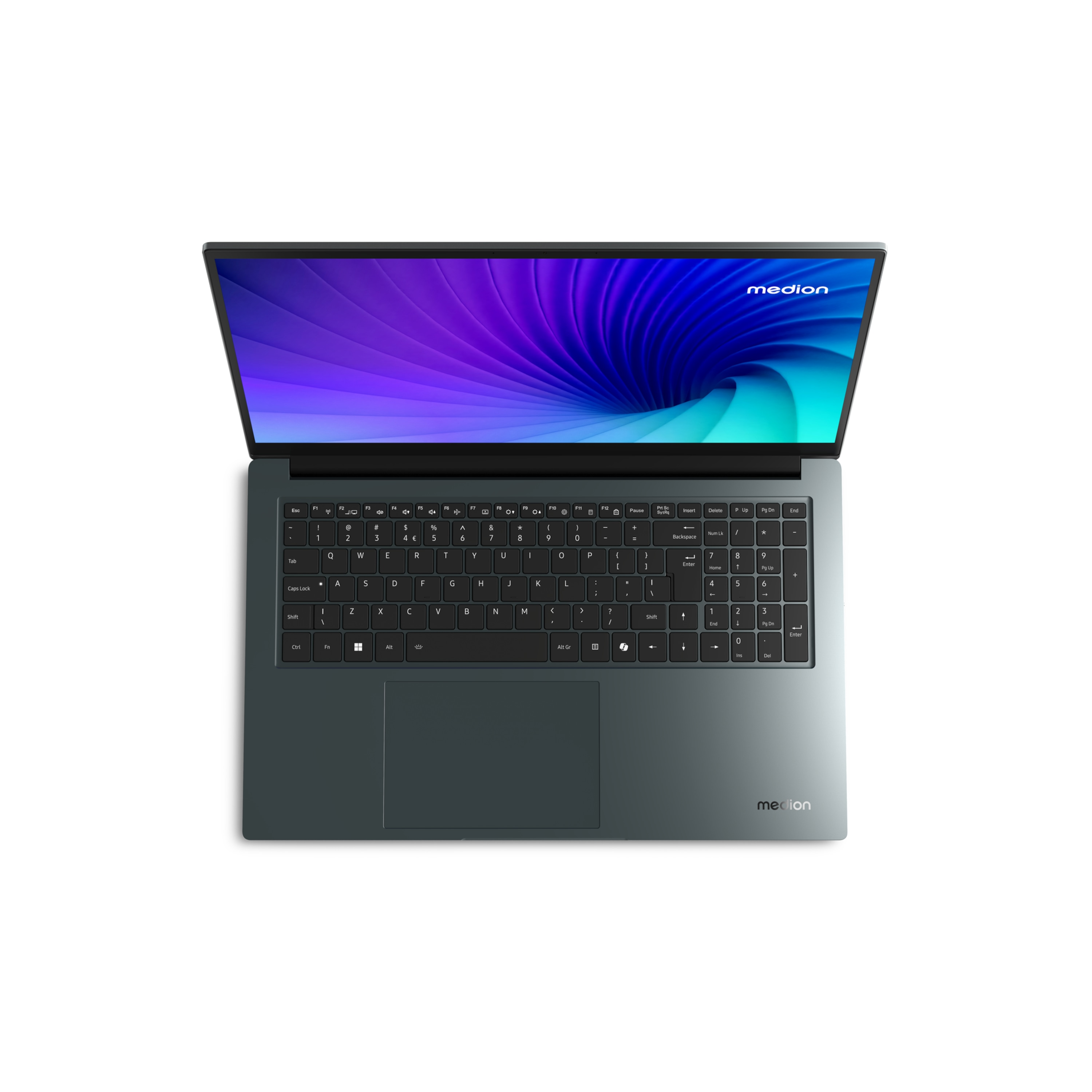 Laptop mit grünem Gehäuse, geöffnet auf weißem Grund.