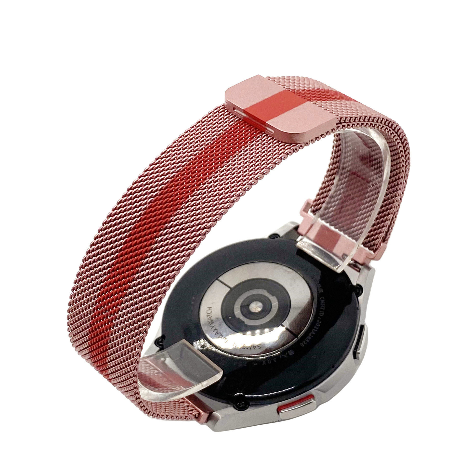 Roségoldene Smartwatch mit rotem Mesh-Armband. Rückansicht zeigt Sensoren.
