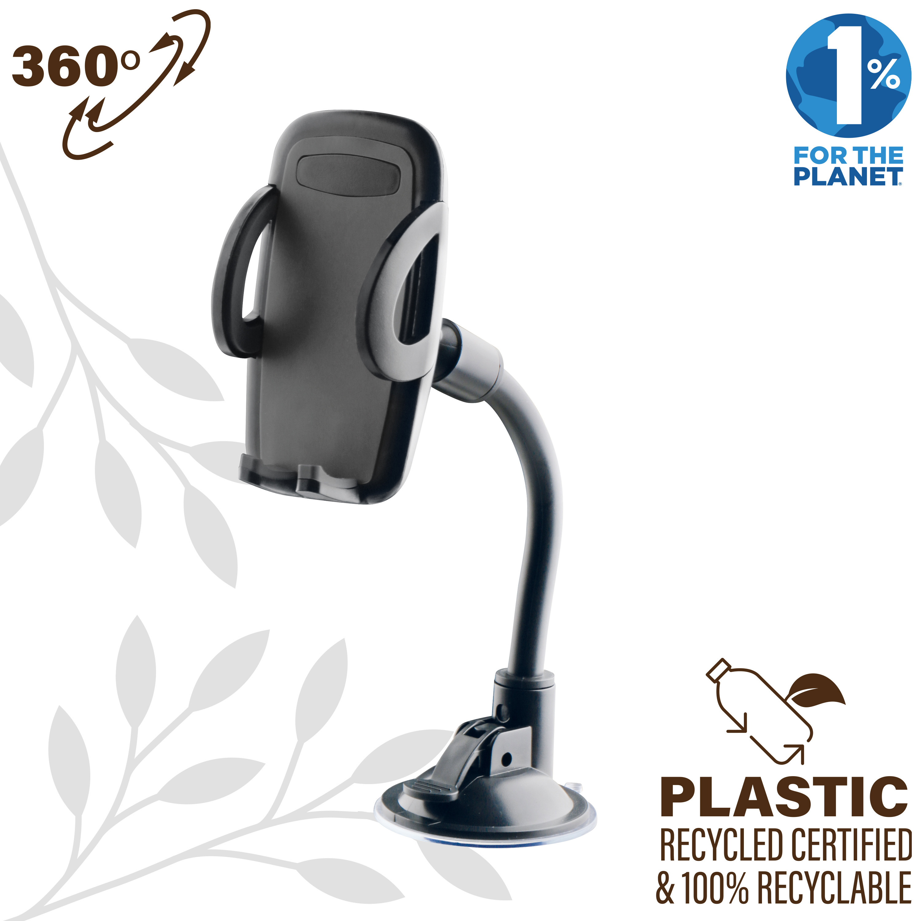 Soporte negro para teléfono montado en un brazo flexible con base de succión. El fondo muestra un logo.