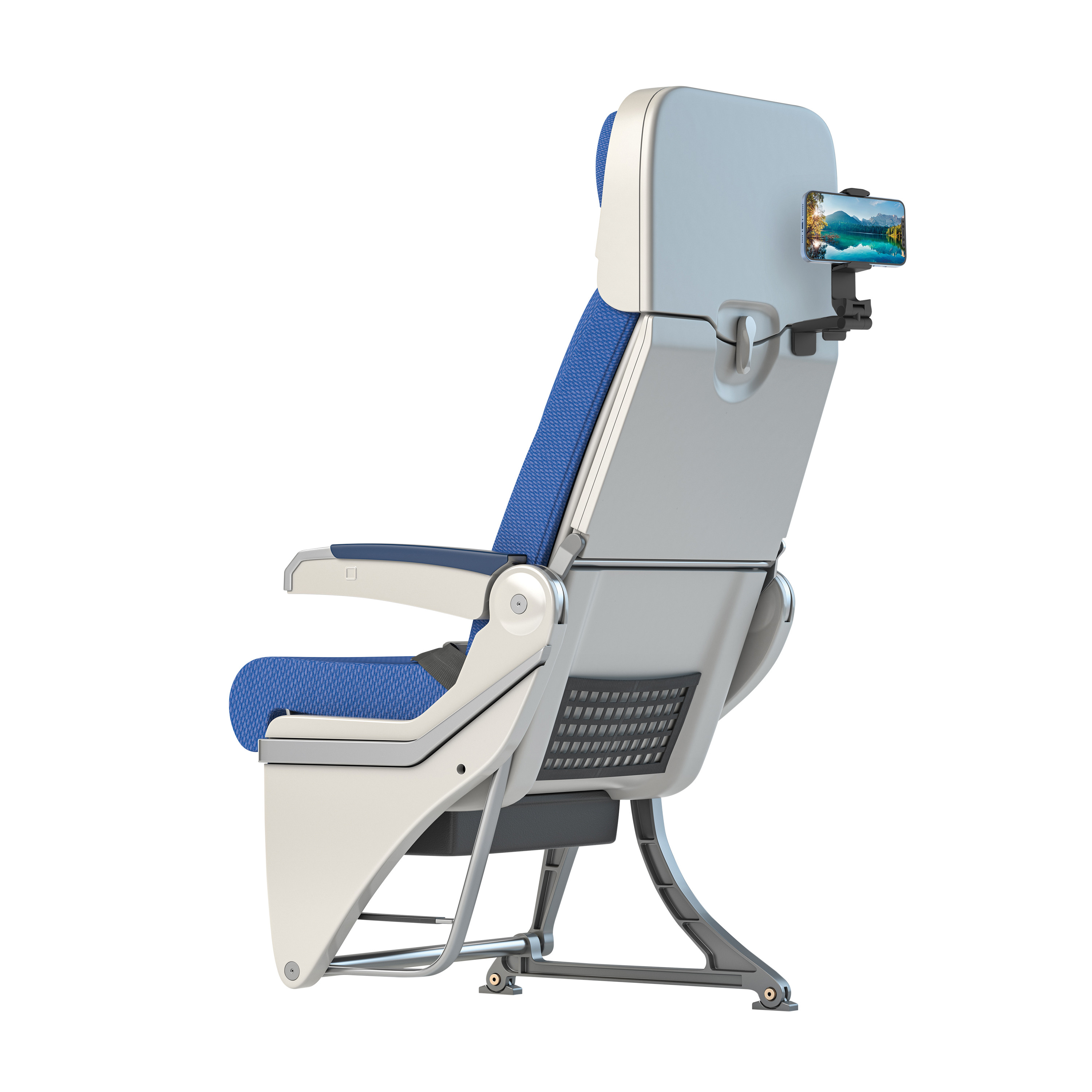 Asiento de avión, asiento azul, respaldo gris, soporte para teléfono con teléfono. Fondo blanco.