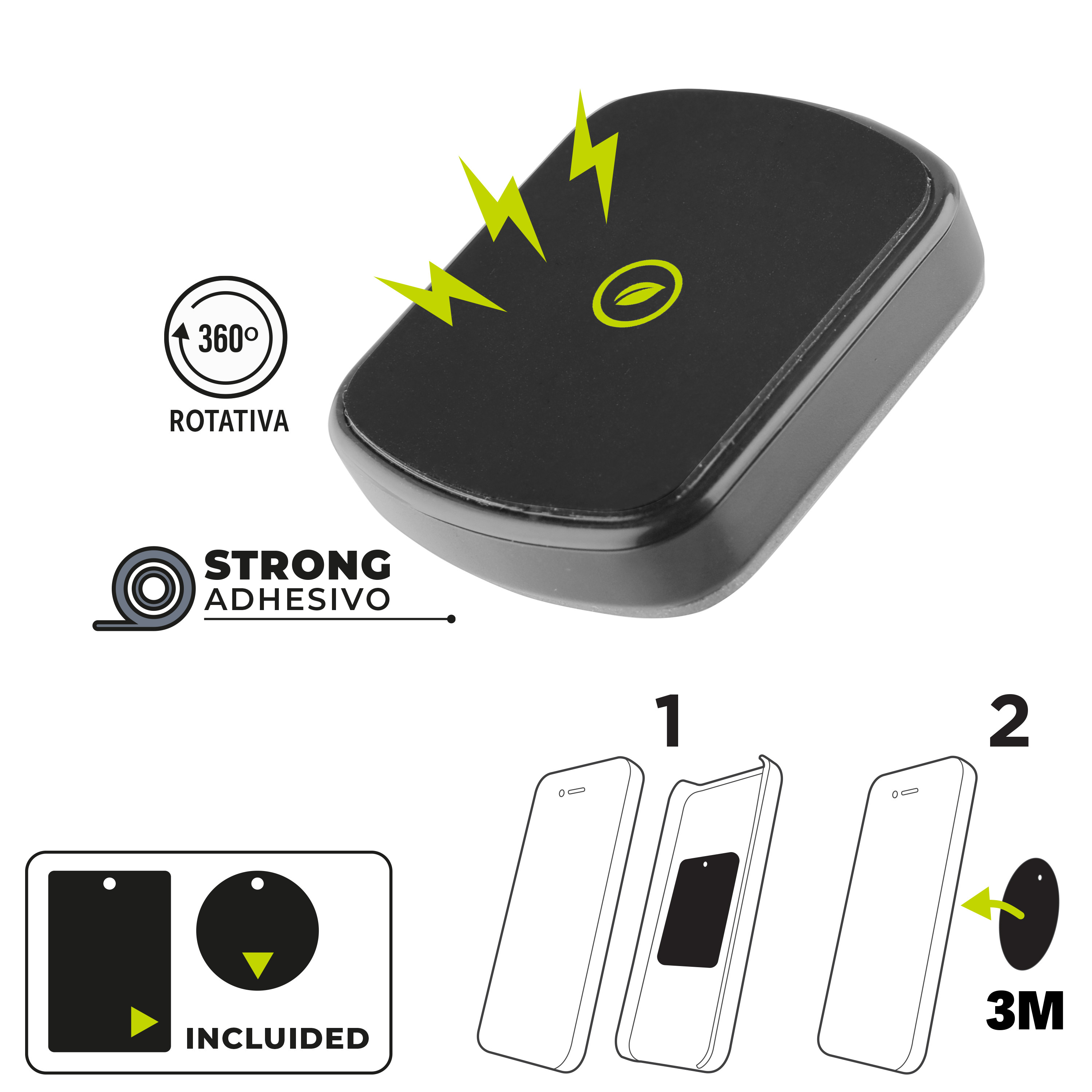 Un soporte magnético negro para teléfono con almohadillas adhesivas y funciones de rotación. Símbolos de energía verde.