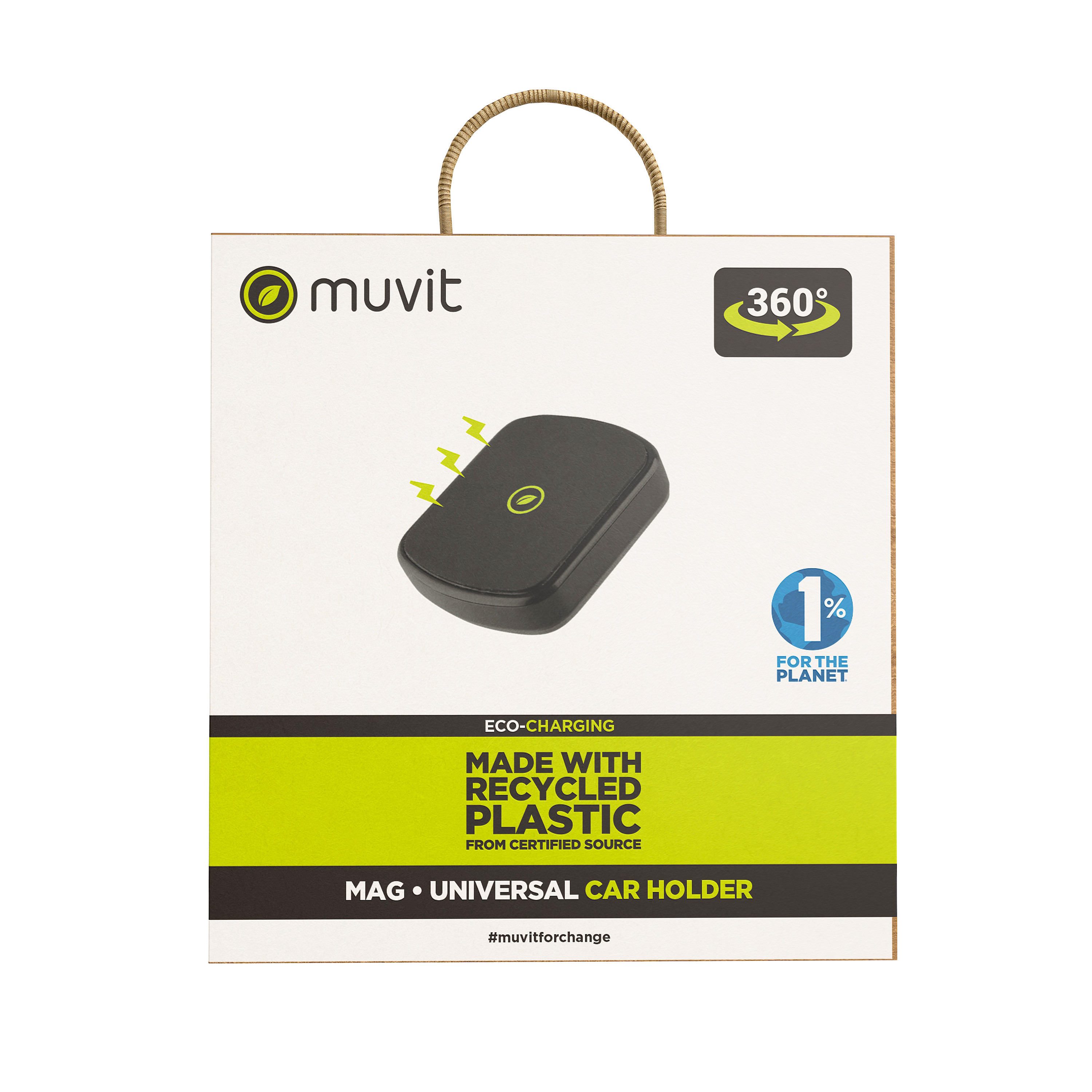 Bolsa de papel blanca con información del producto para un soporte para automóvil. Dice 'Made with Recycled Plastic'.