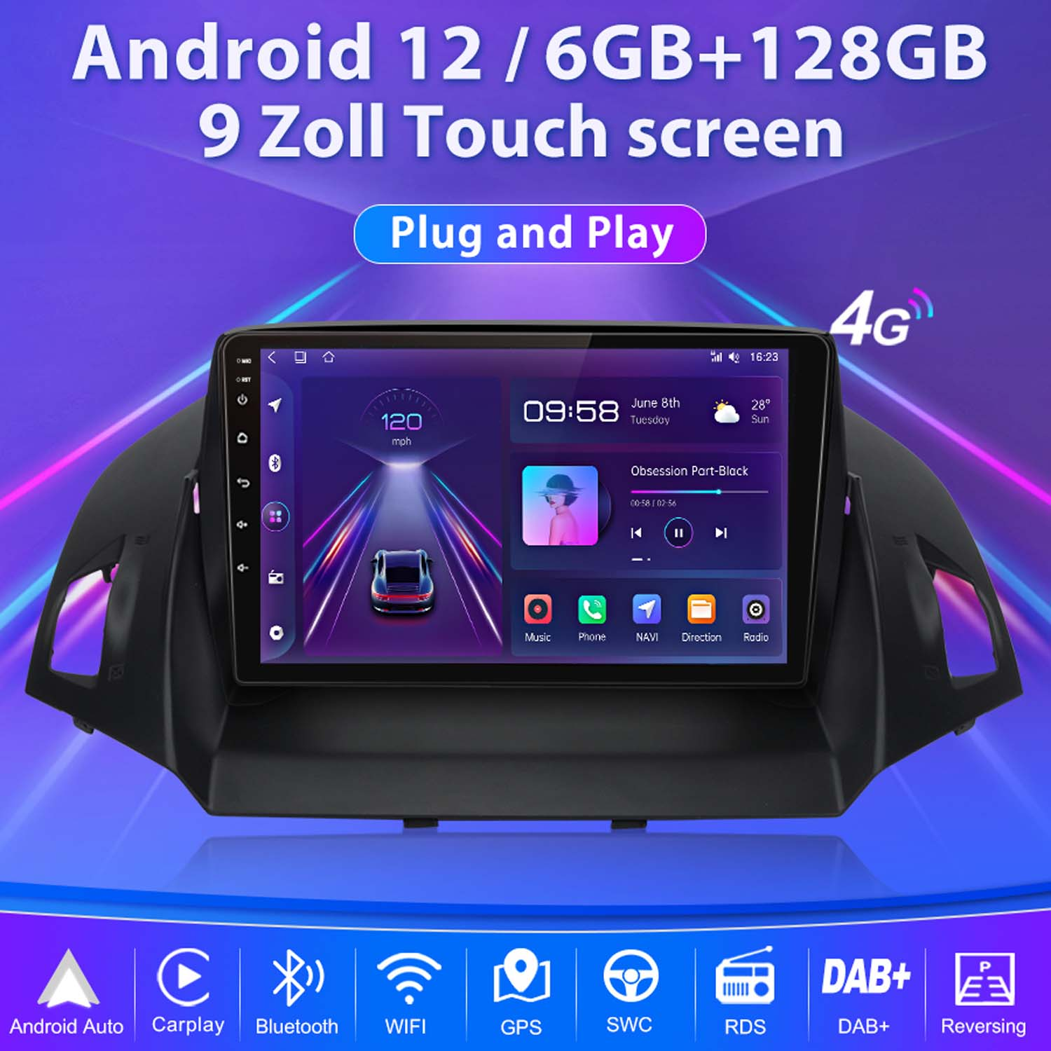 Auto-Infotainment-System mit Touchscreen-Display, das eine Karte, Datum, Uhrzeit und Musikoberfläche zeigt.