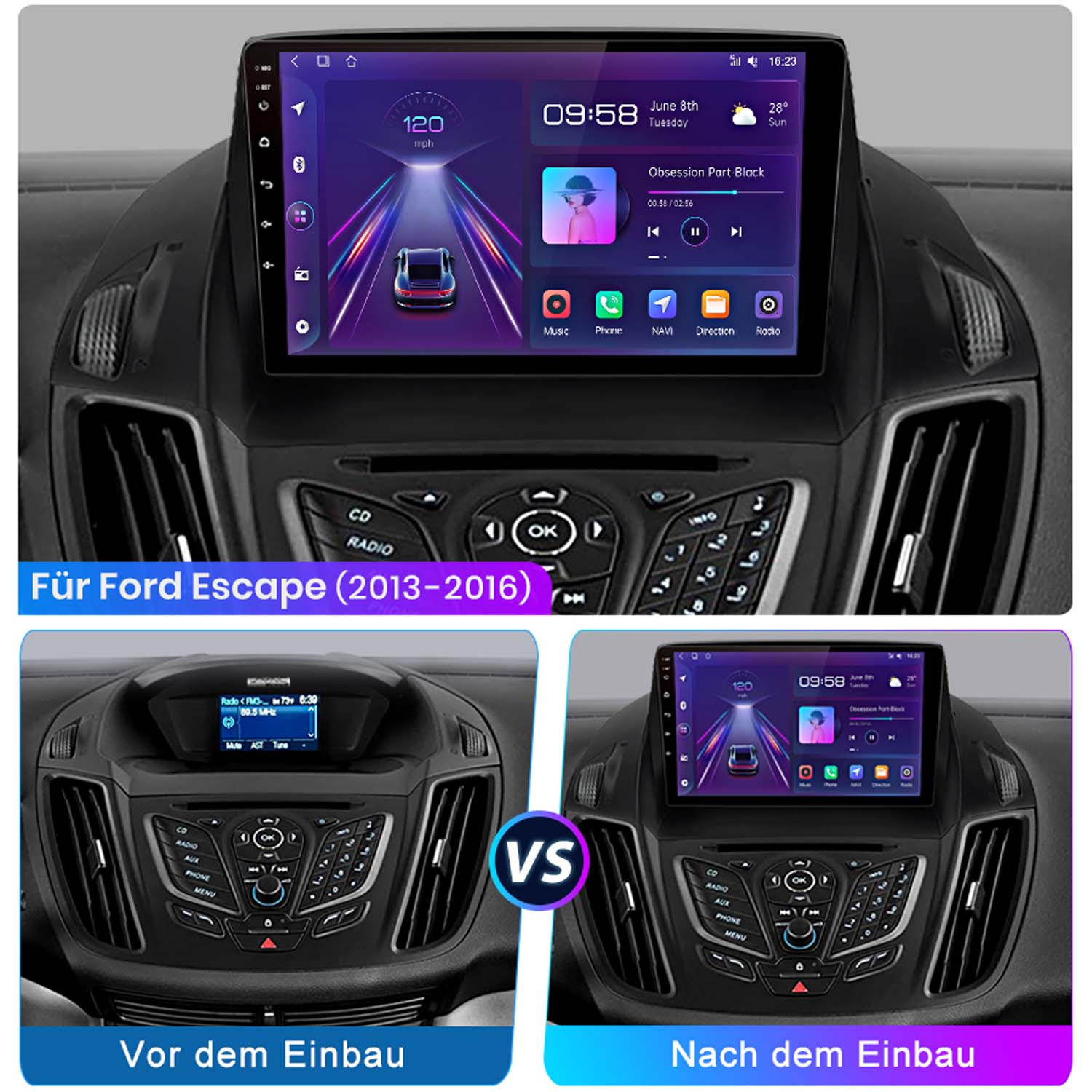 Das Armaturenbrett eines Autos vor und nach dem Einbau eines neuen Systems. Das neue System hat Musik und Navigation.