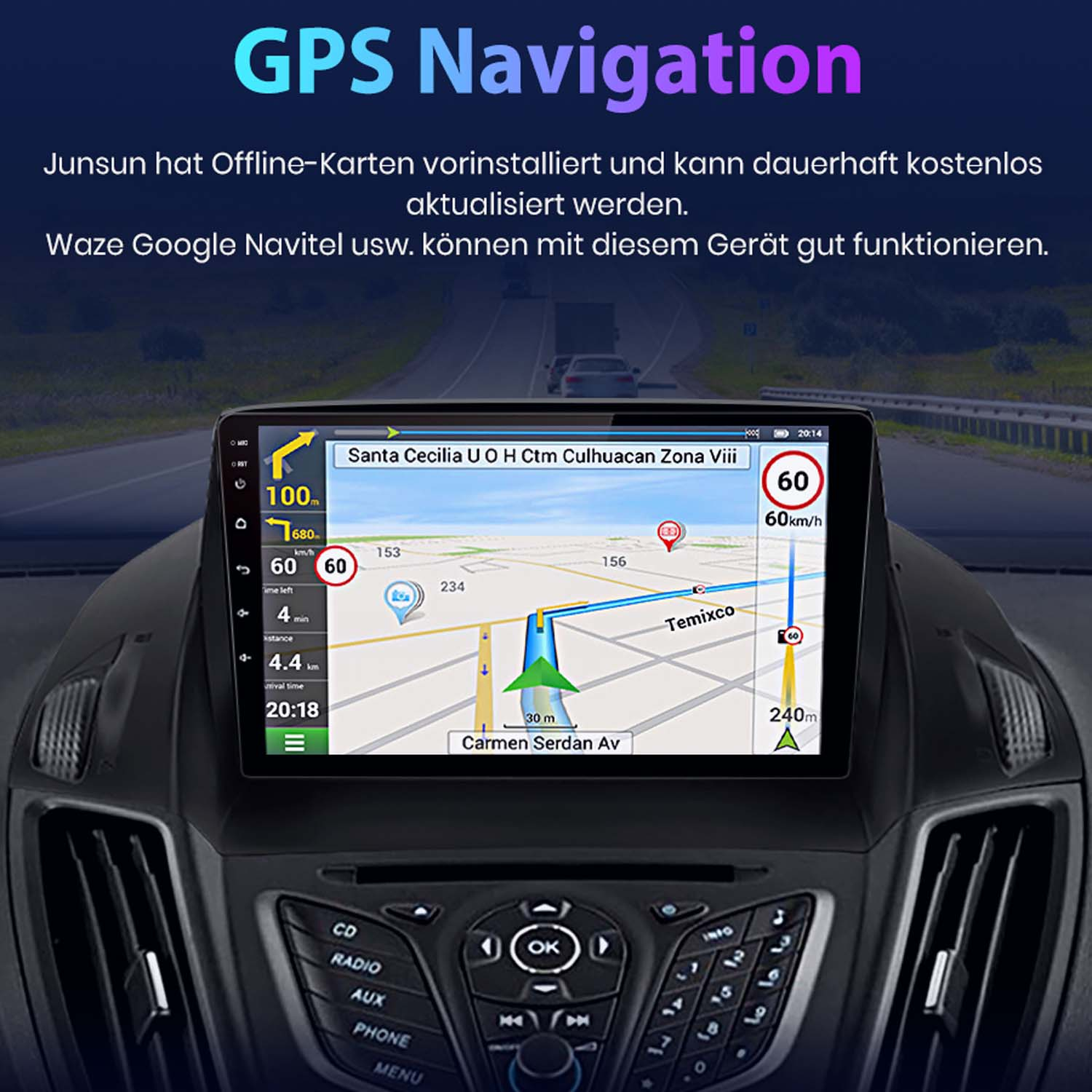 Navigationsbildschirm im Auto mit Karte und Wegbeschreibungen, umgeben von Armaturenbrett und Text darüber.