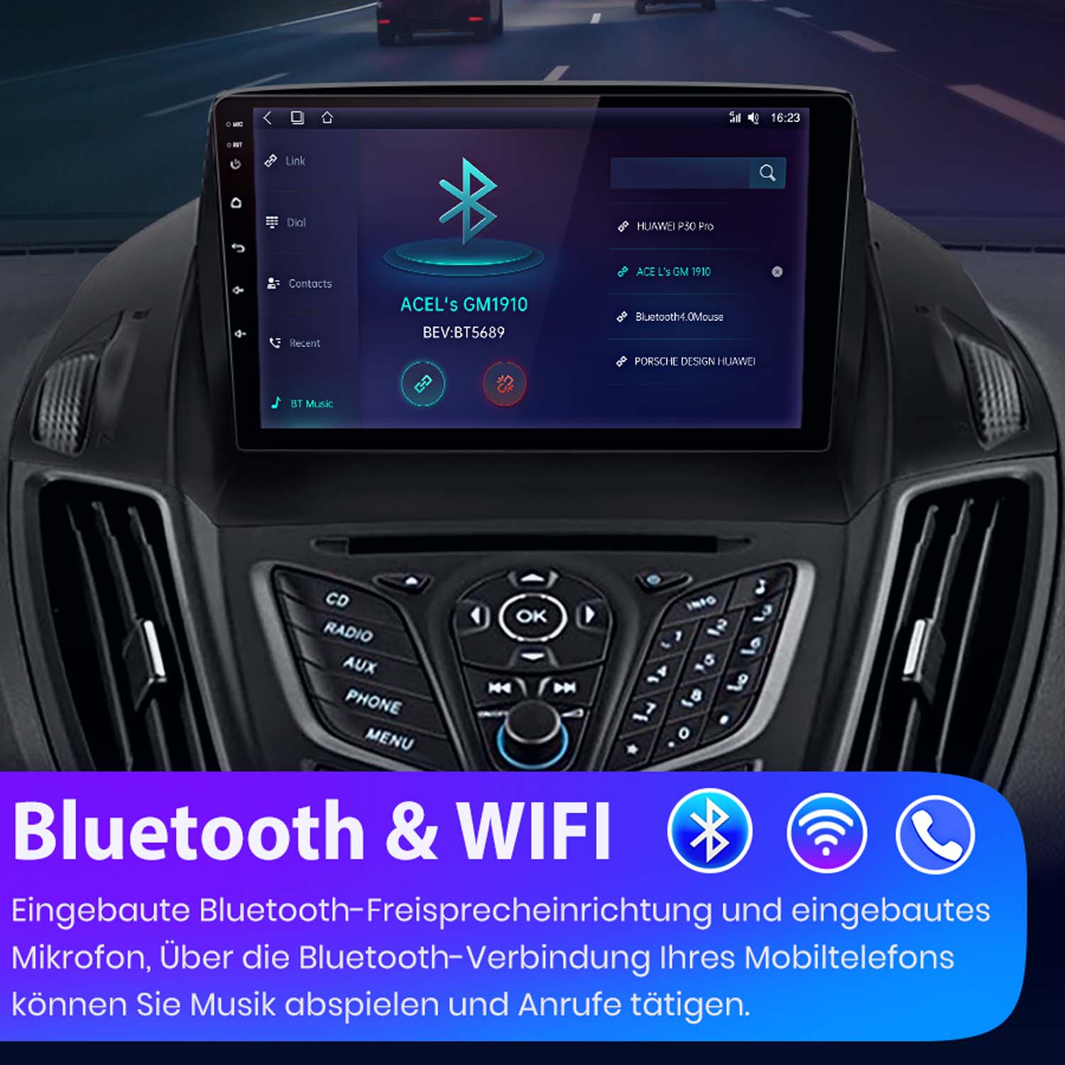 Auto-Armaturenbrett mit Tablet, das Einstellungen anzeigt. Bluetooth- und WLAN-Symbole unten.