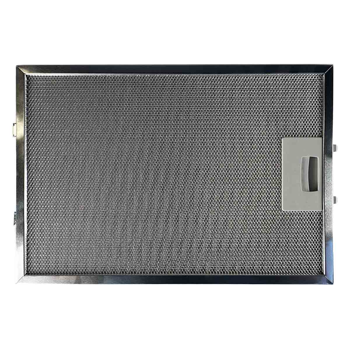 Ein rechteckiger Metallgitterfilter mit silbernem Rahmen und Griff auf der rechten Seite.