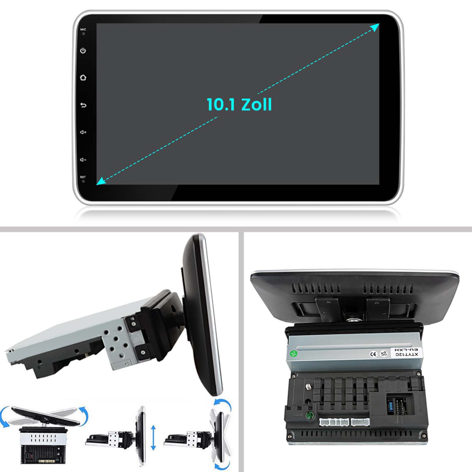 Ein Car-Multimedia-Player mit einem 10,1-Zoll-Bildschirm und seinen Komponenten. Verschiedene Ansichten werden angezeigt.
