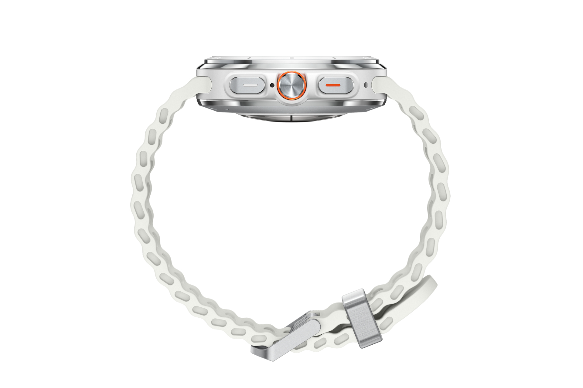 Smartwatch bianco con pulsante arancione e cinturino bianco.