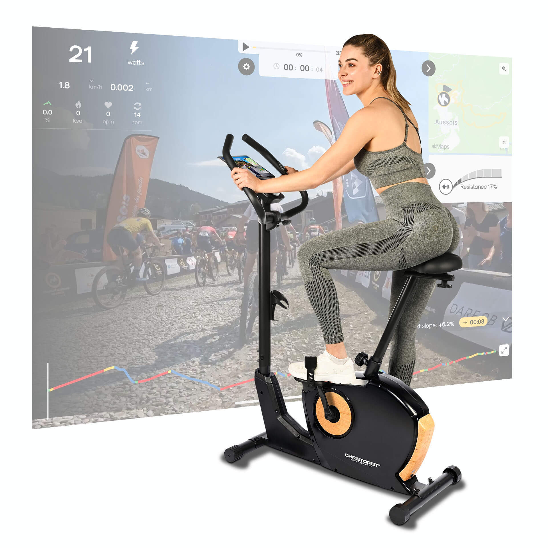 Eine Frau auf einem Heimtrainer mit einer virtuellen Radszene auf einem Bildschirm, trägt Sportkleidung.