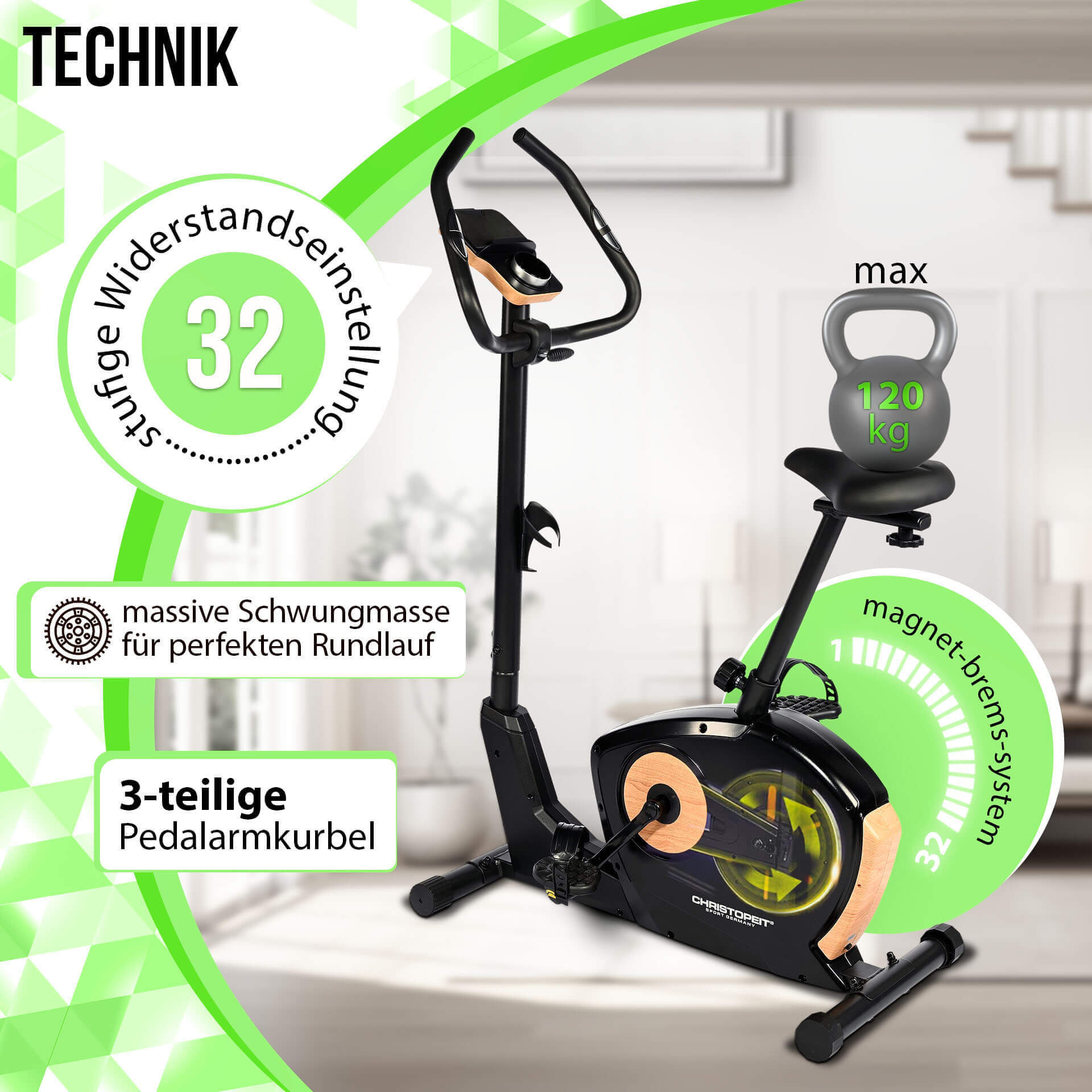 Schwarzes Heimtrainer mit orangen Details. Text: Widerstandsstufe 32. Max. Gewicht 120 kg. Magnet-Bremssystem.