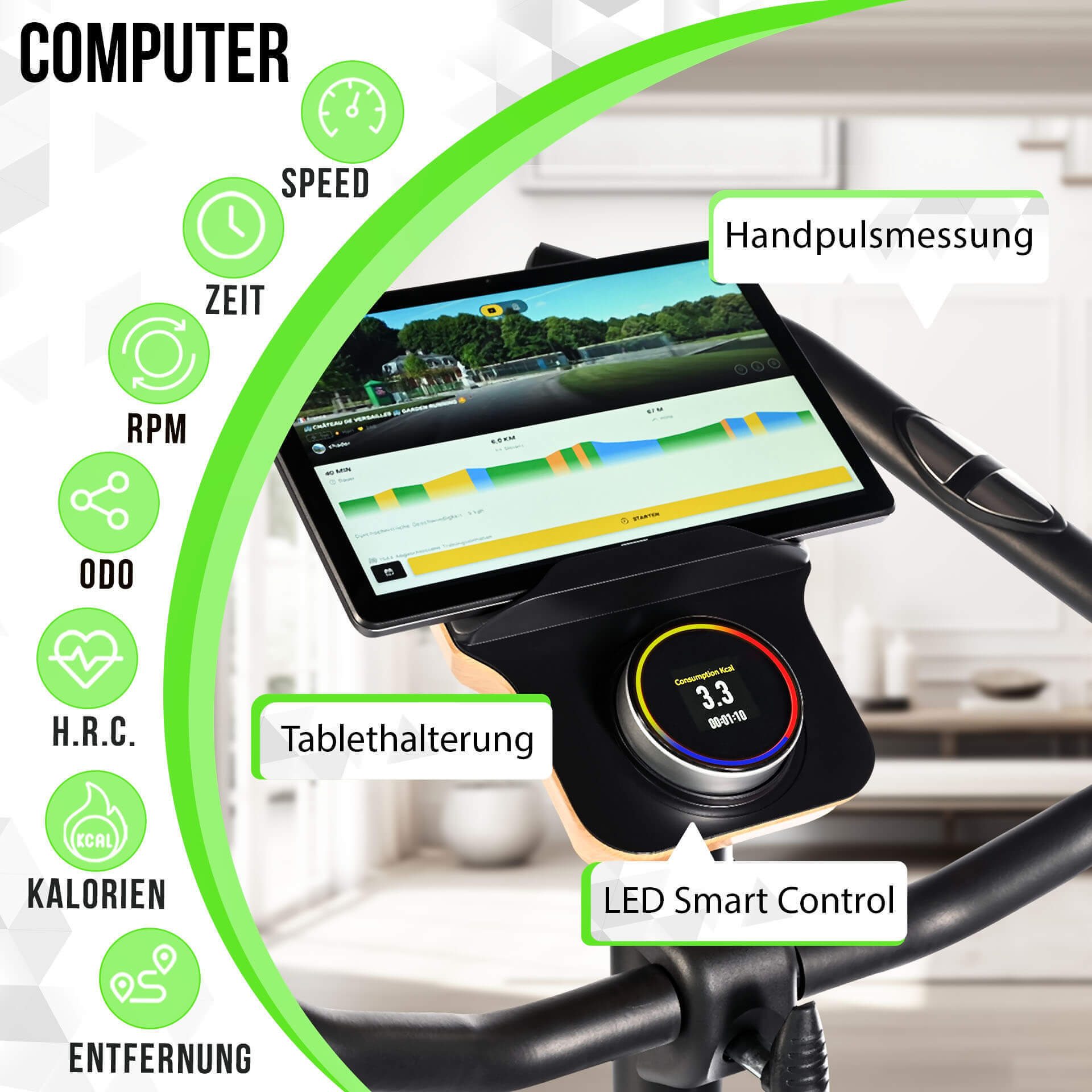 Heimtrainer mit Tablet, das eine Radstrecke anzeigt, und Bedienfeld.