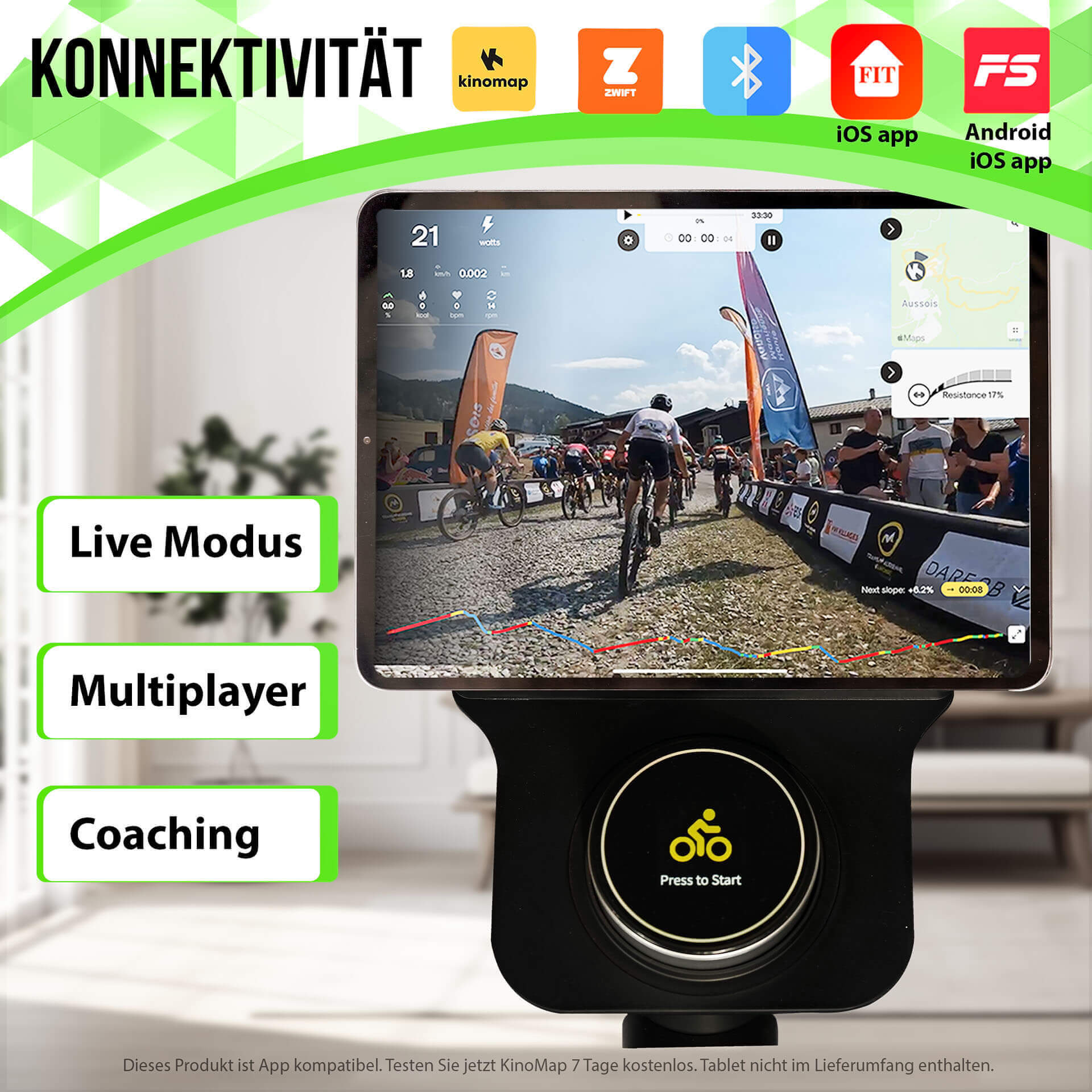 Tablet zeigt eine Radfahrsimulation, mit Daten und einem Fahrer auf dem Bildschirm.