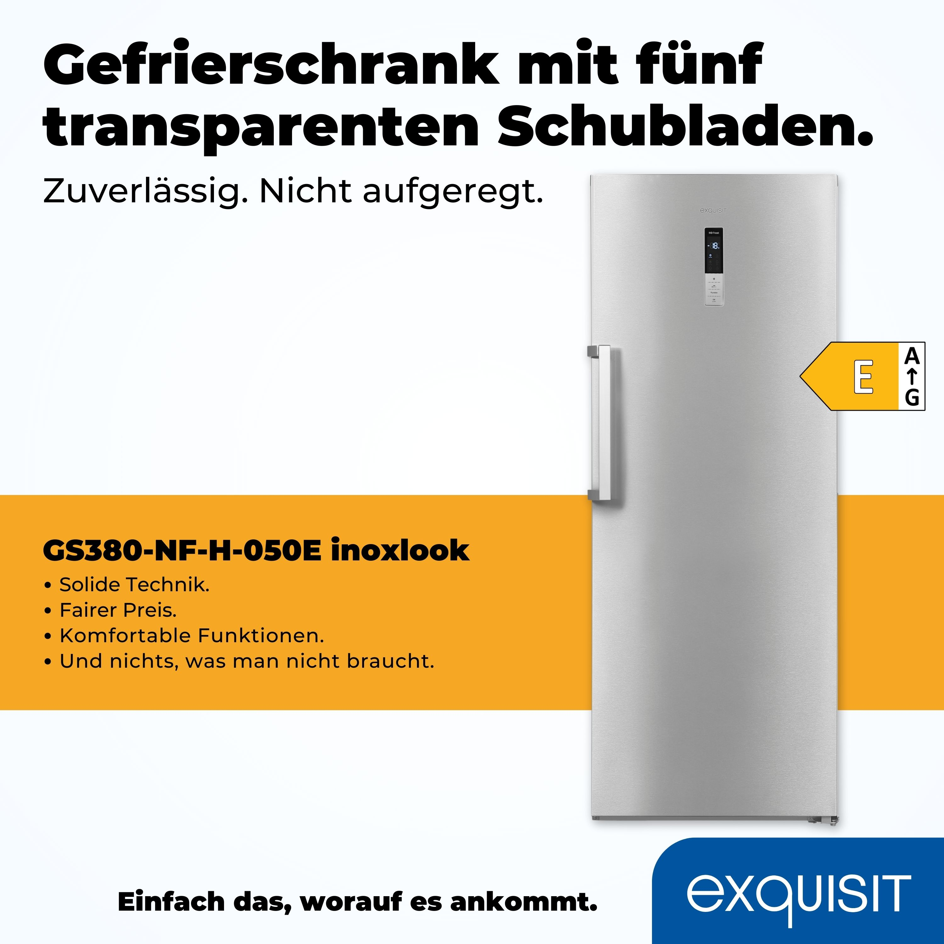 Silberfarbener Kühlschrank mit Text auf Deutsch, der die Produktmerkmale beschreibt.