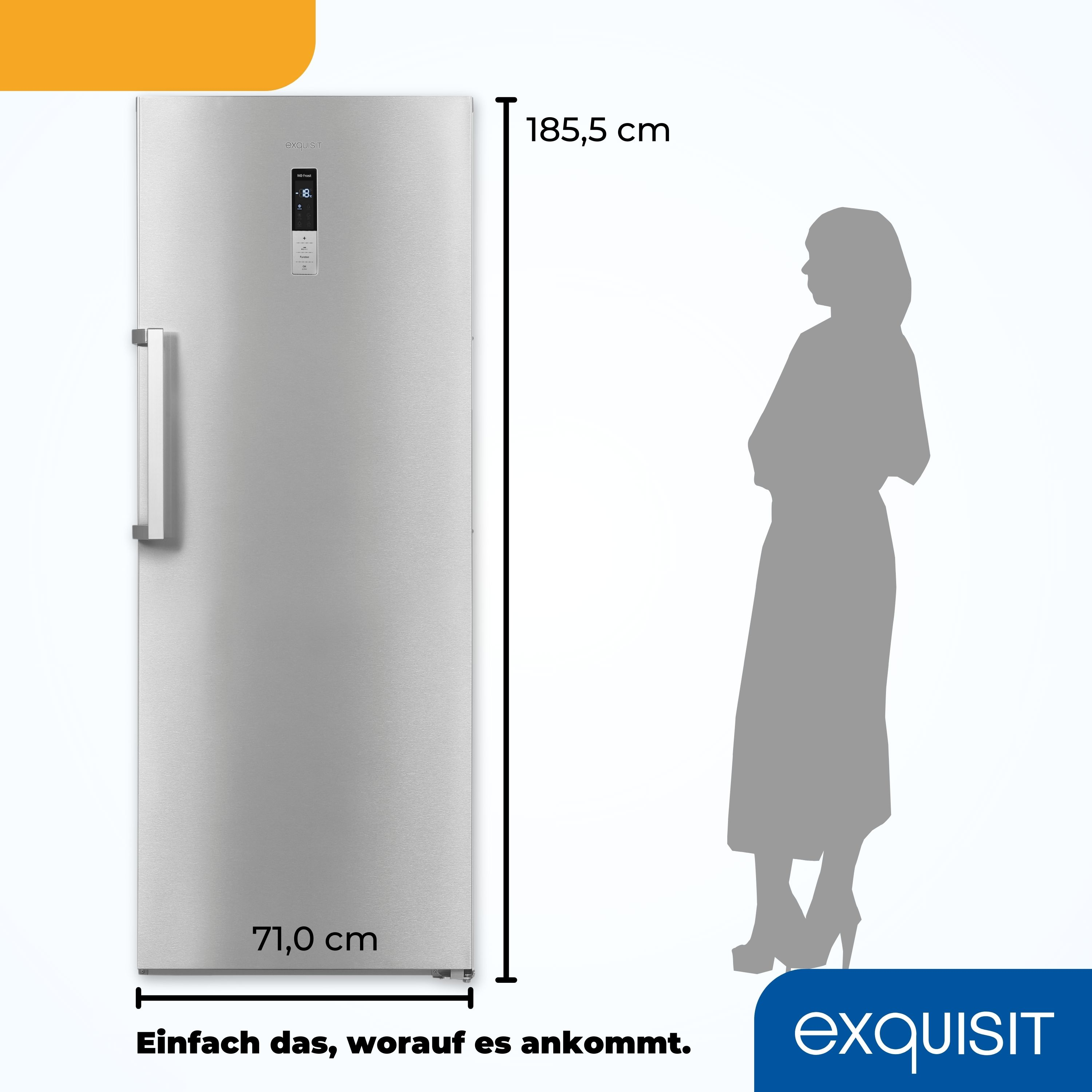 Silberner Kühlschrank, Frauensilhouette daneben, mit Abmessungen: 71 cm breit, 185,5 cm hoch. Text: Exquisit.