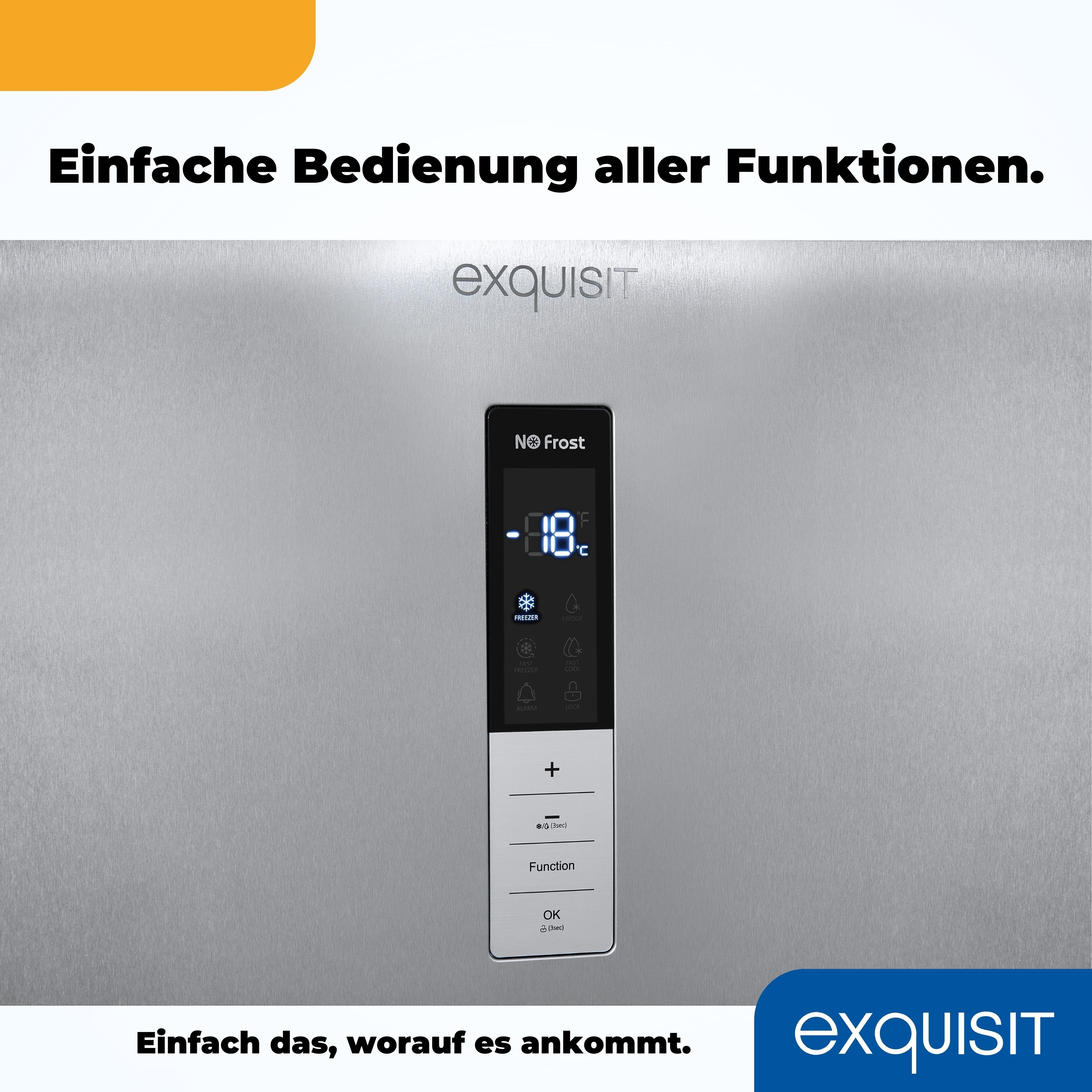 Silbernes Kühlschrank-Bedienfeld mit Digitalanzeige, mit Knöpfen und Text.
