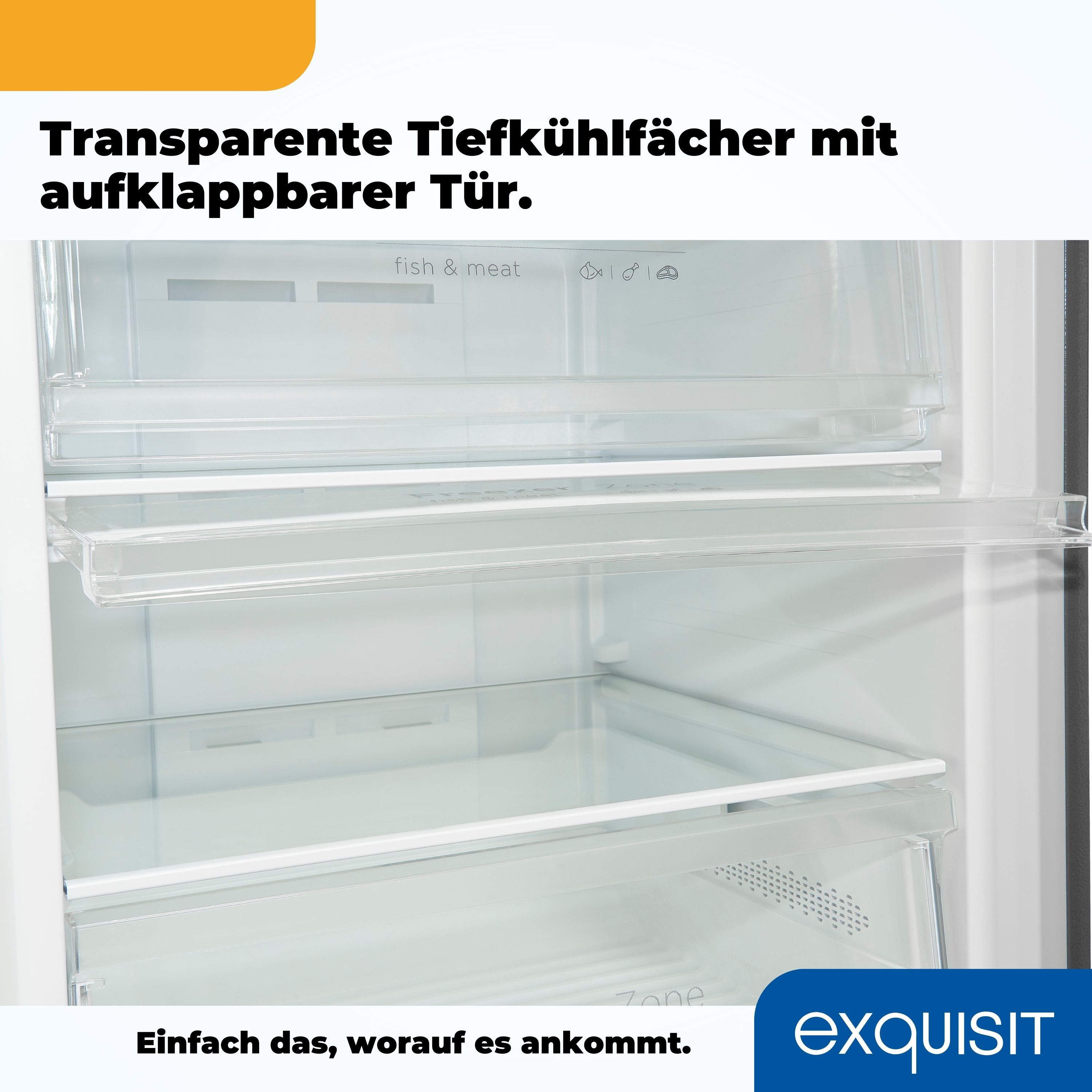 Nahaufnahme der transparenten Gefrierschubladen eines Kühlschranks. Die Schubladen sind leer und sauber.