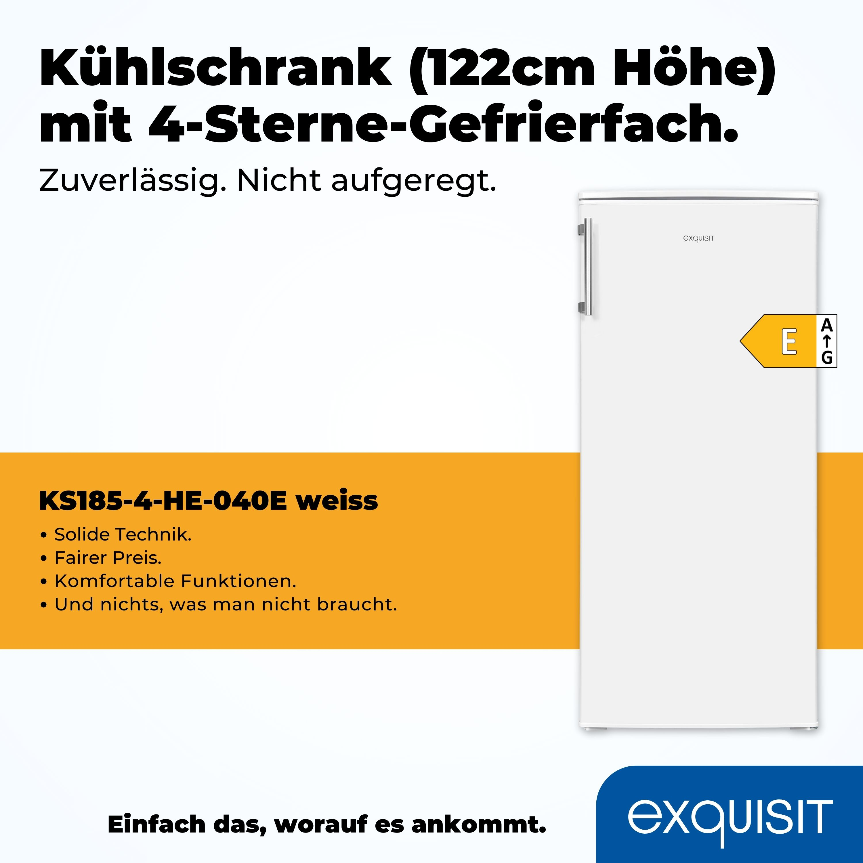 Weißer Kühlschrank mit Energielabel und Text.