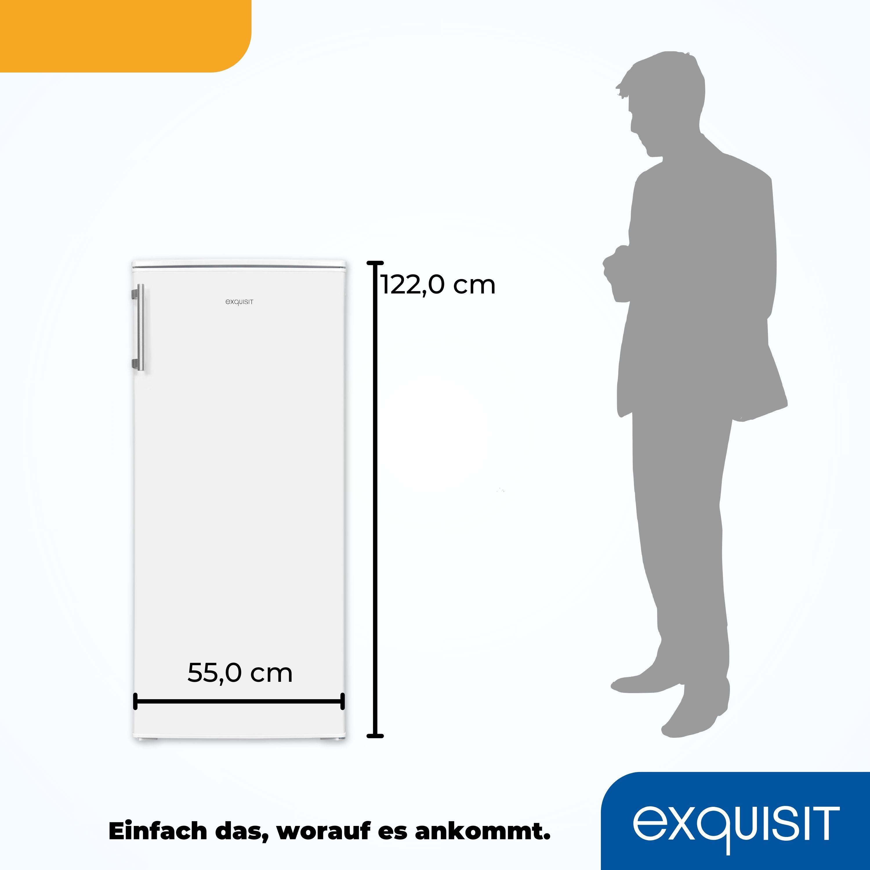 Ein weißer Kühlschrank mit Abmessungen neben der Silhouette einer Person.