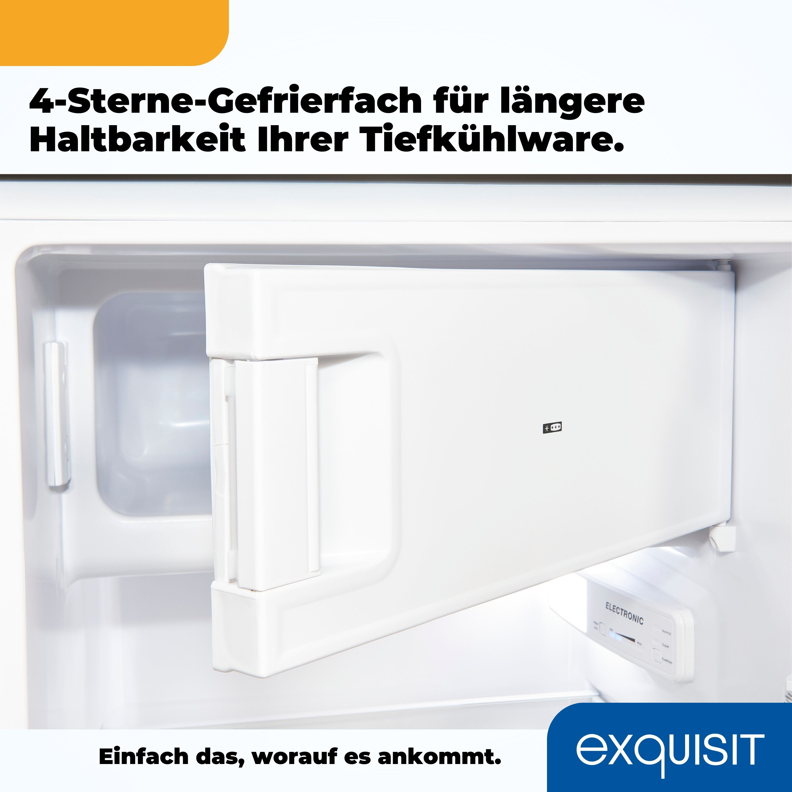Ein offener weißer Kühlschrank. Text: 4-Sterne-Gefrierfach für längere Lagerung.