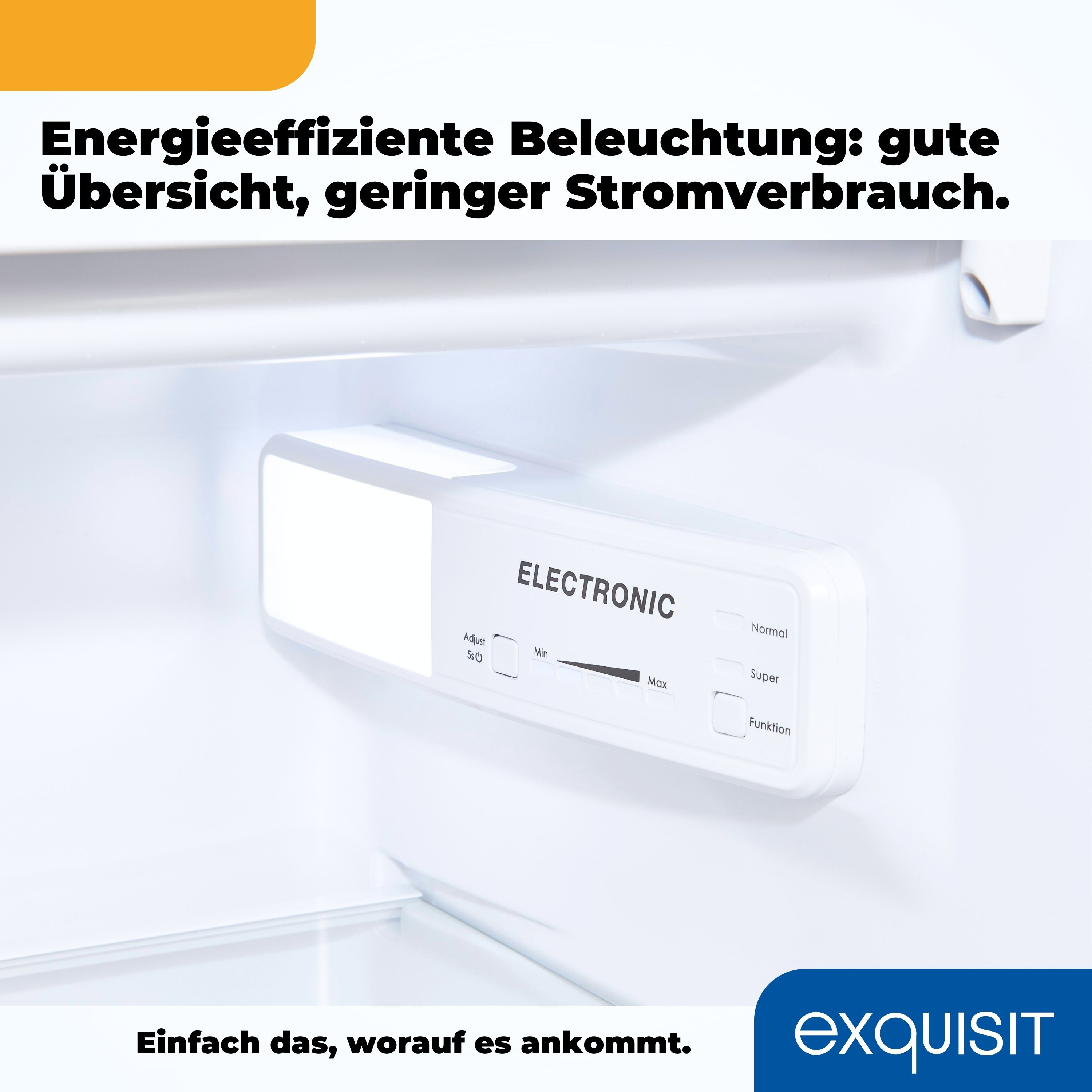 In einem Kühlschrank ist ein weißes Bedienfeld mit Einstellungen von hellem Licht beleuchtet.