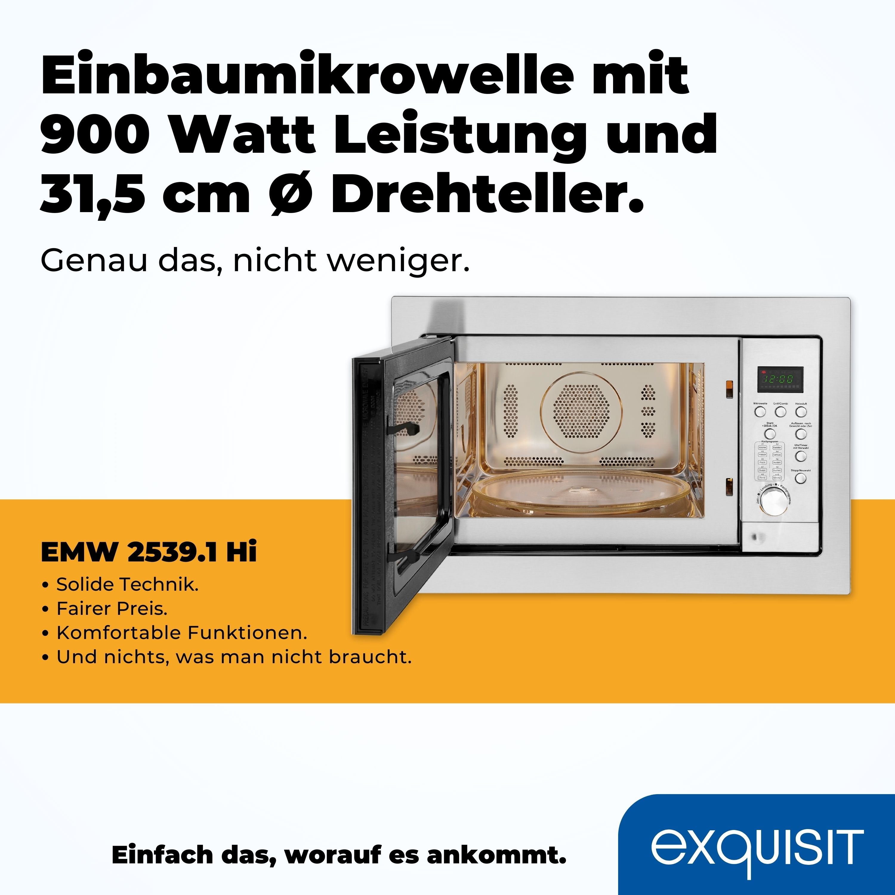 Eine Einbau-Mikrowelle mit offener Tür, die den Innenraum und das Bedienfeld zeigt. Weißer Hintergrund.