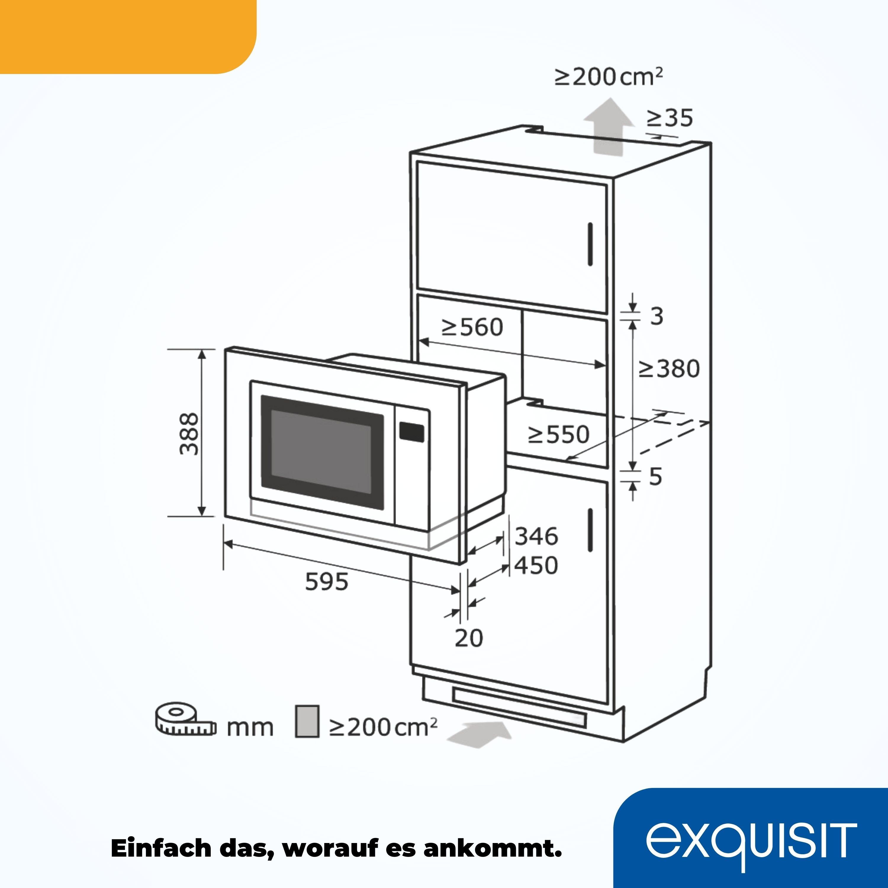 Ein Einbau-Mikrowellenherd, schwarz, in einem Küchenschrank. Abmessungen sind mit Pfeilen und Zahlen angegeben.