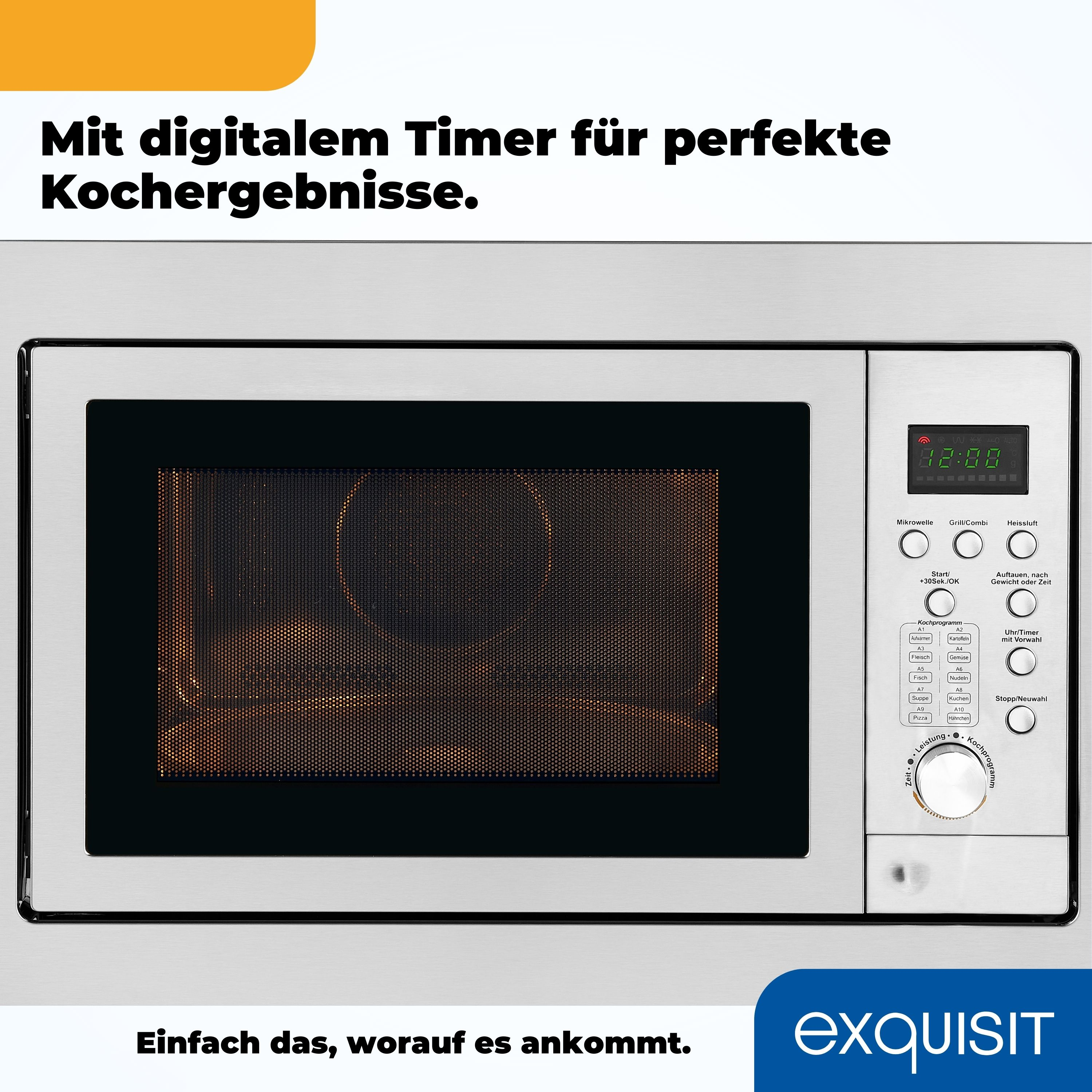 Mikrowelle mit Bedienfeld, Digitalanzeige und Text über perfekte Kochergebnisse.