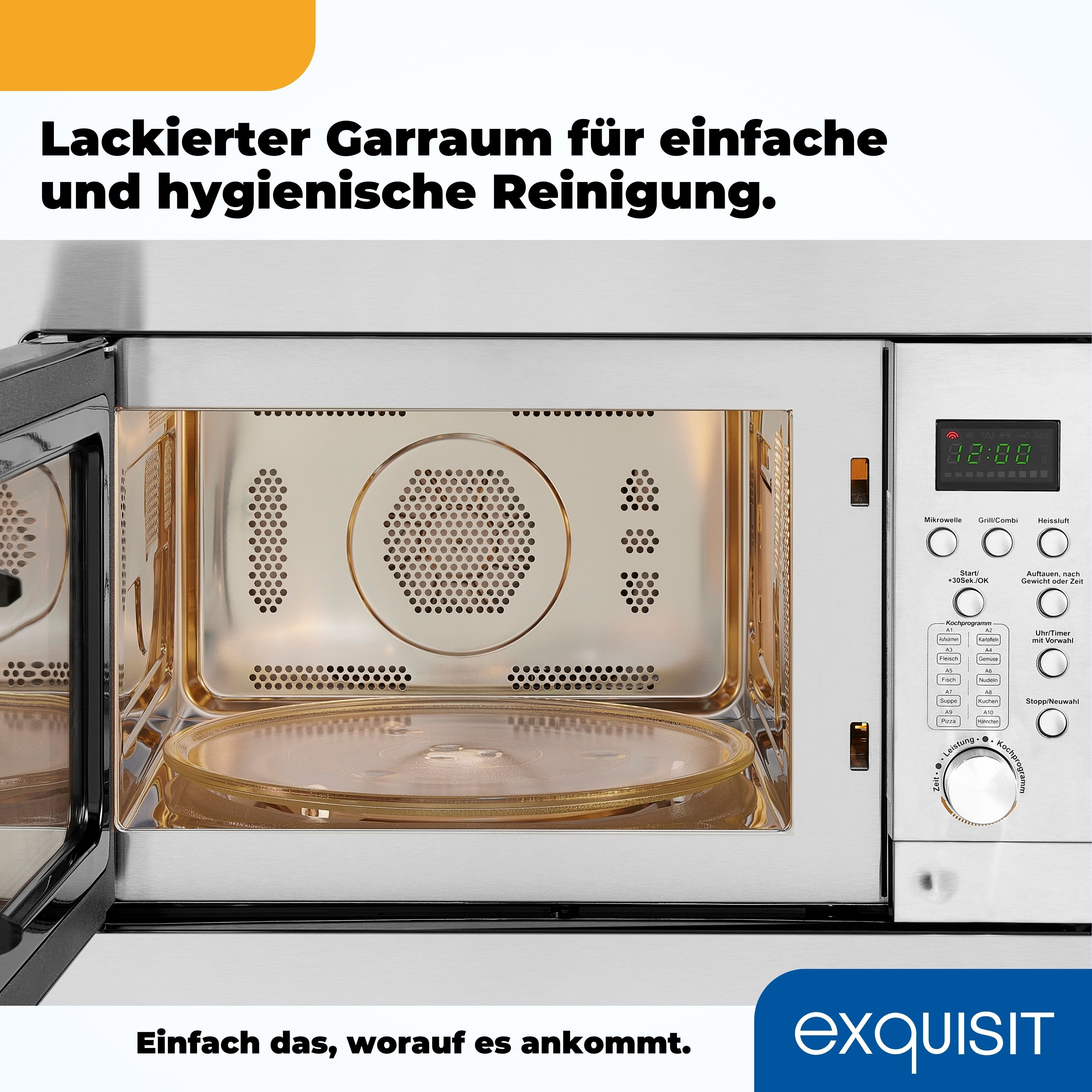Mikrowelle mit offener Tür. Im Inneren befindet sich eine Glasplatte.