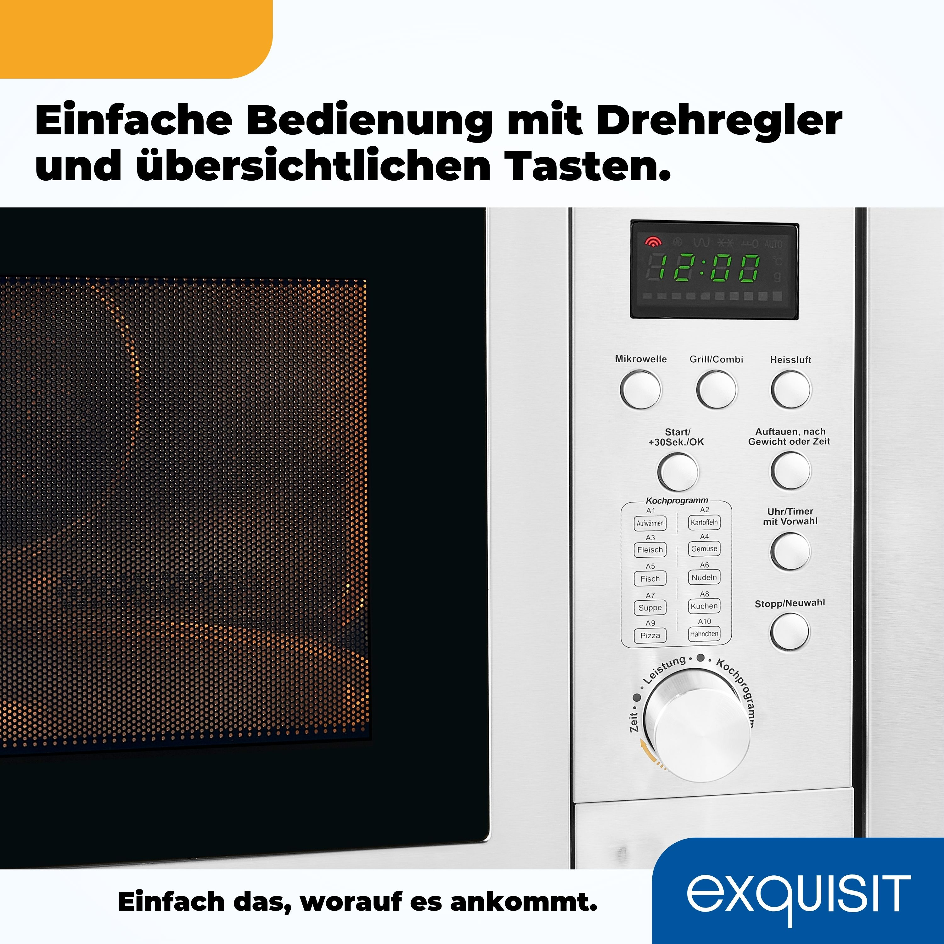 Mikrowelle mit Bedienfeld und Digitalanzeige, die die Uhrzeit anzeigt.