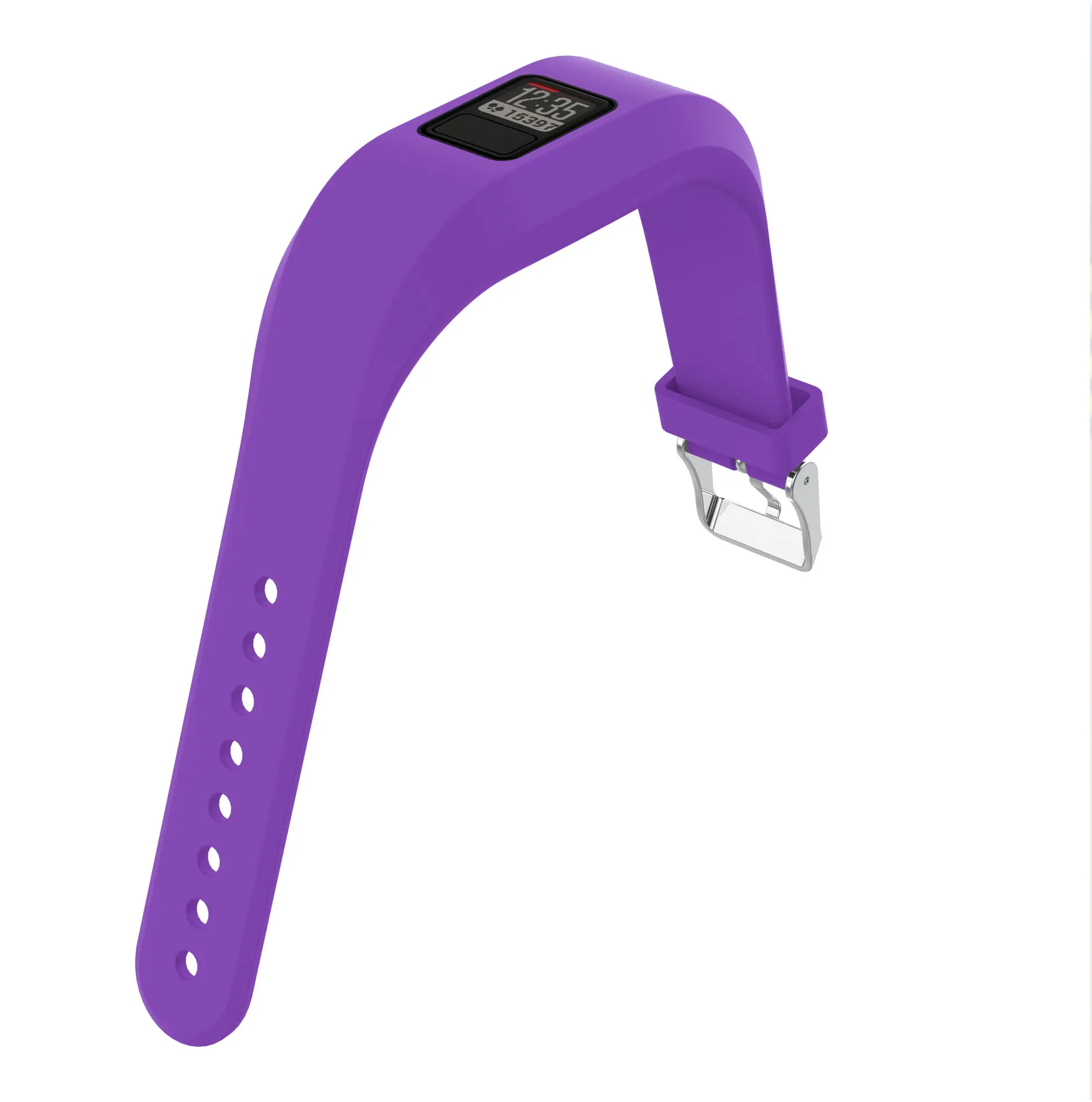 Lila Fitness-Tracker-Armband mit Bildschirm und Verschluss.