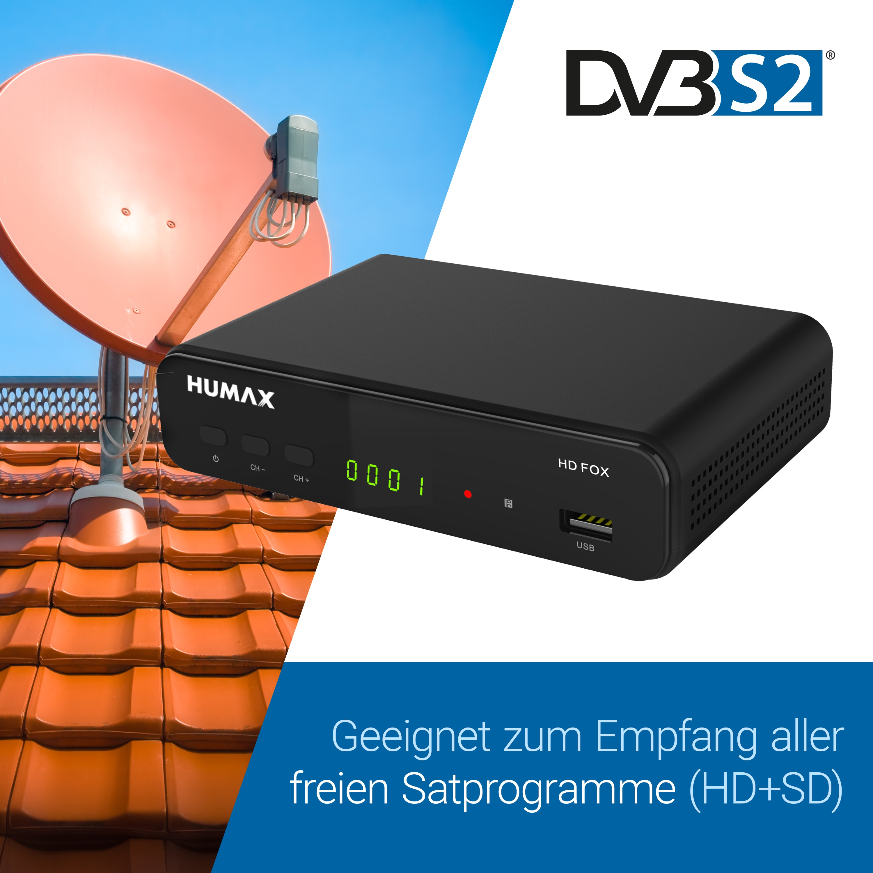 Schwarzer Satellitenreceiver mit roter Satellitenschüssel vor blauem Himmel und Dachziegeln.