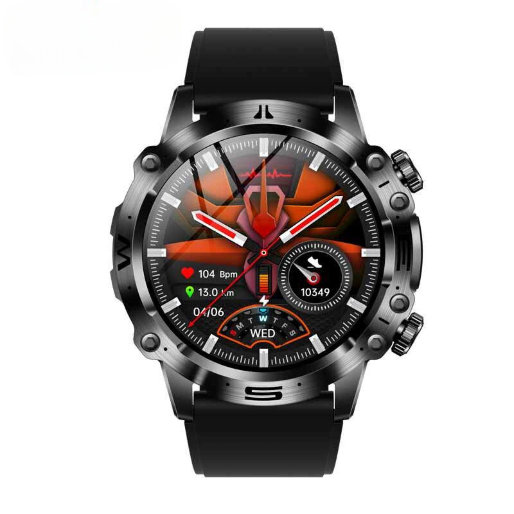 Czarny smartwatch z metalową ramką, wyświetlający informacje na czarnym tle.