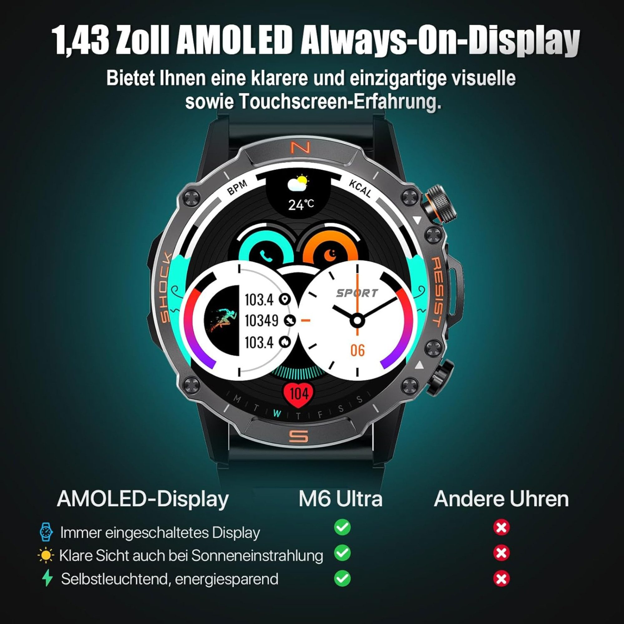 Smartwatch z cyfrowym wyświetlaczem pokazującym czas i wskaźniki zdrowotne.