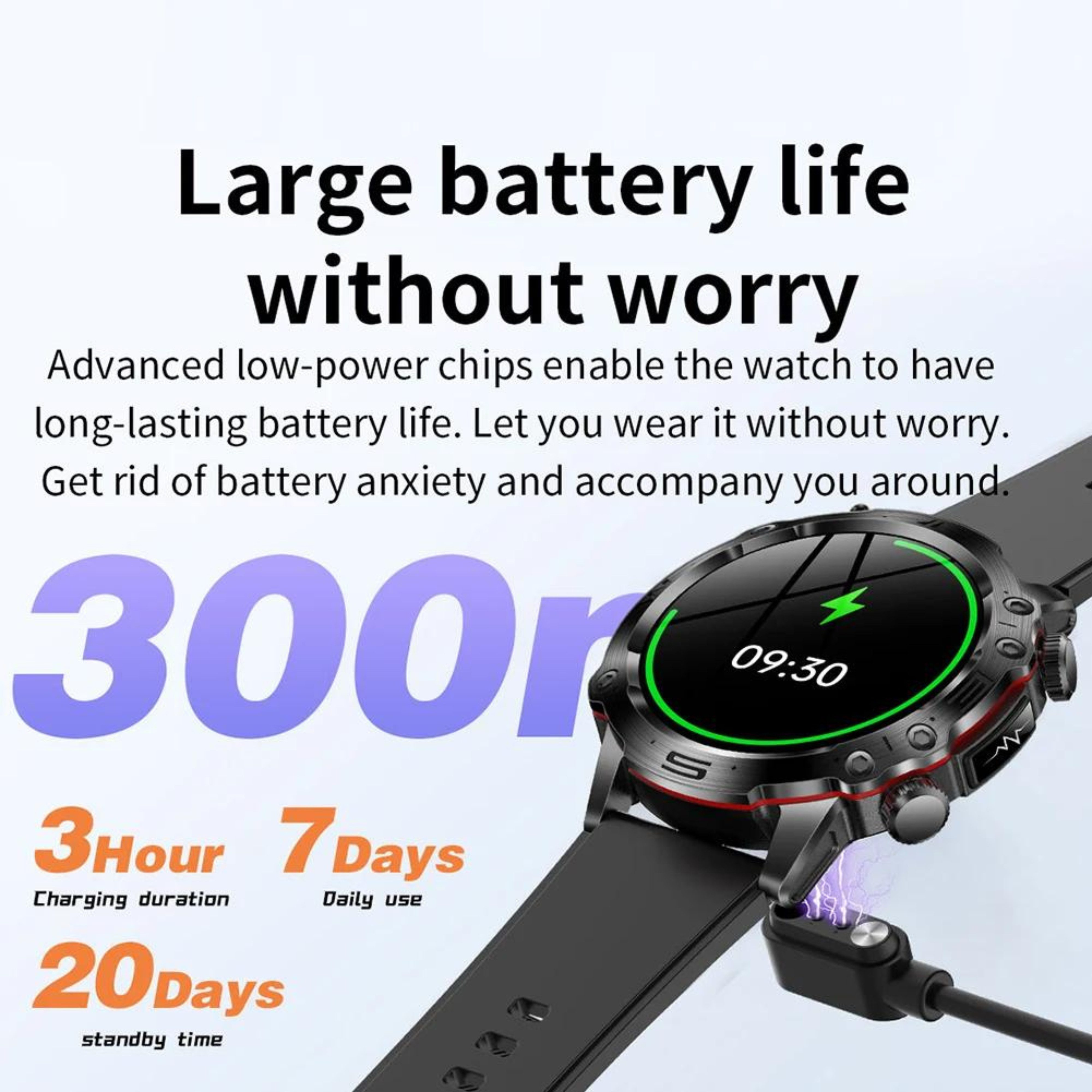 Smartwatch pokazuje czas i informacje o ładowaniu. Czarny pasek, czarne i czerwone akcenty. Tło to jasny gradient.