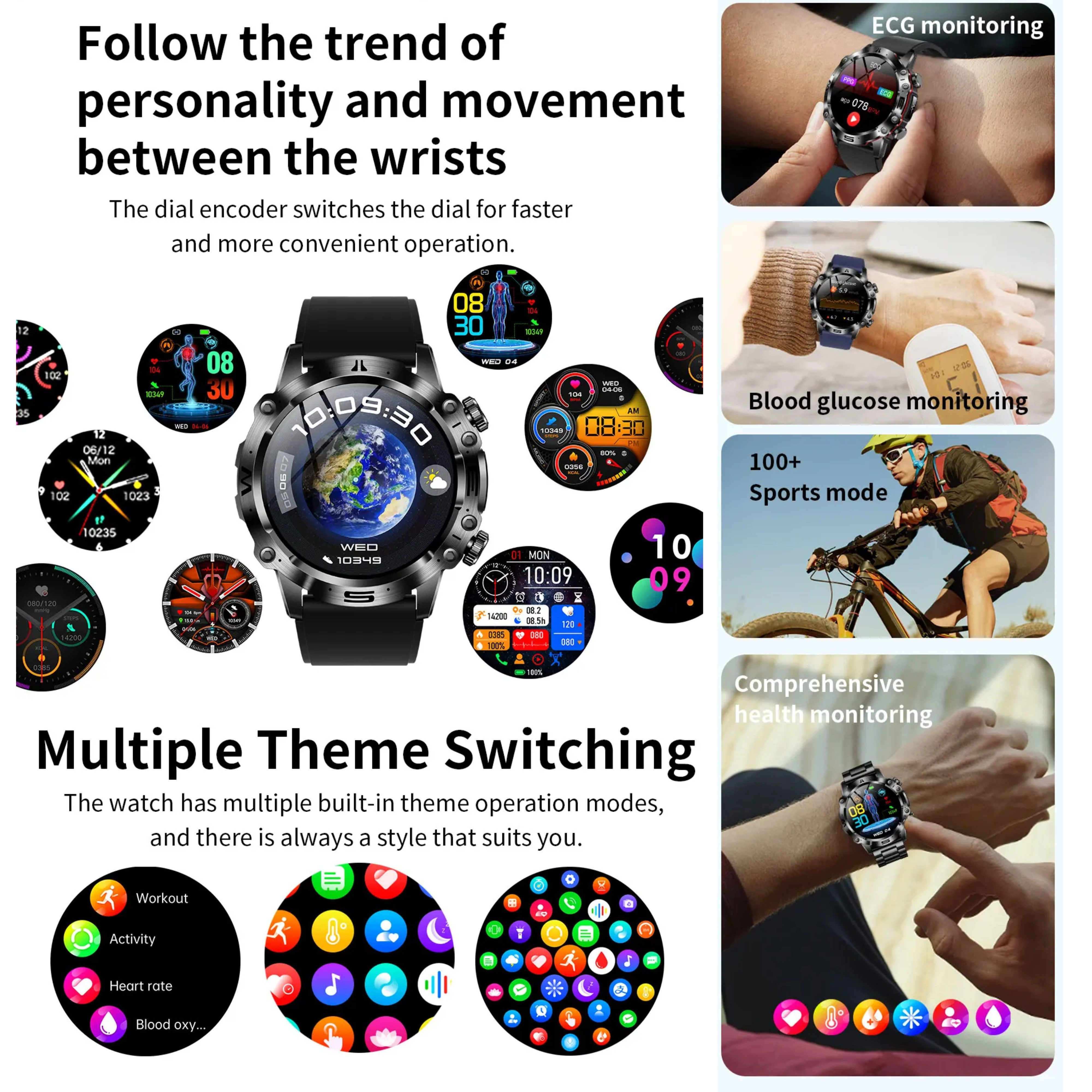 Smartwatch z wieloma opcjami motywów, nadgarstek z zegarkiem z różnymi ekranami i monitorowaniem zdrowia.