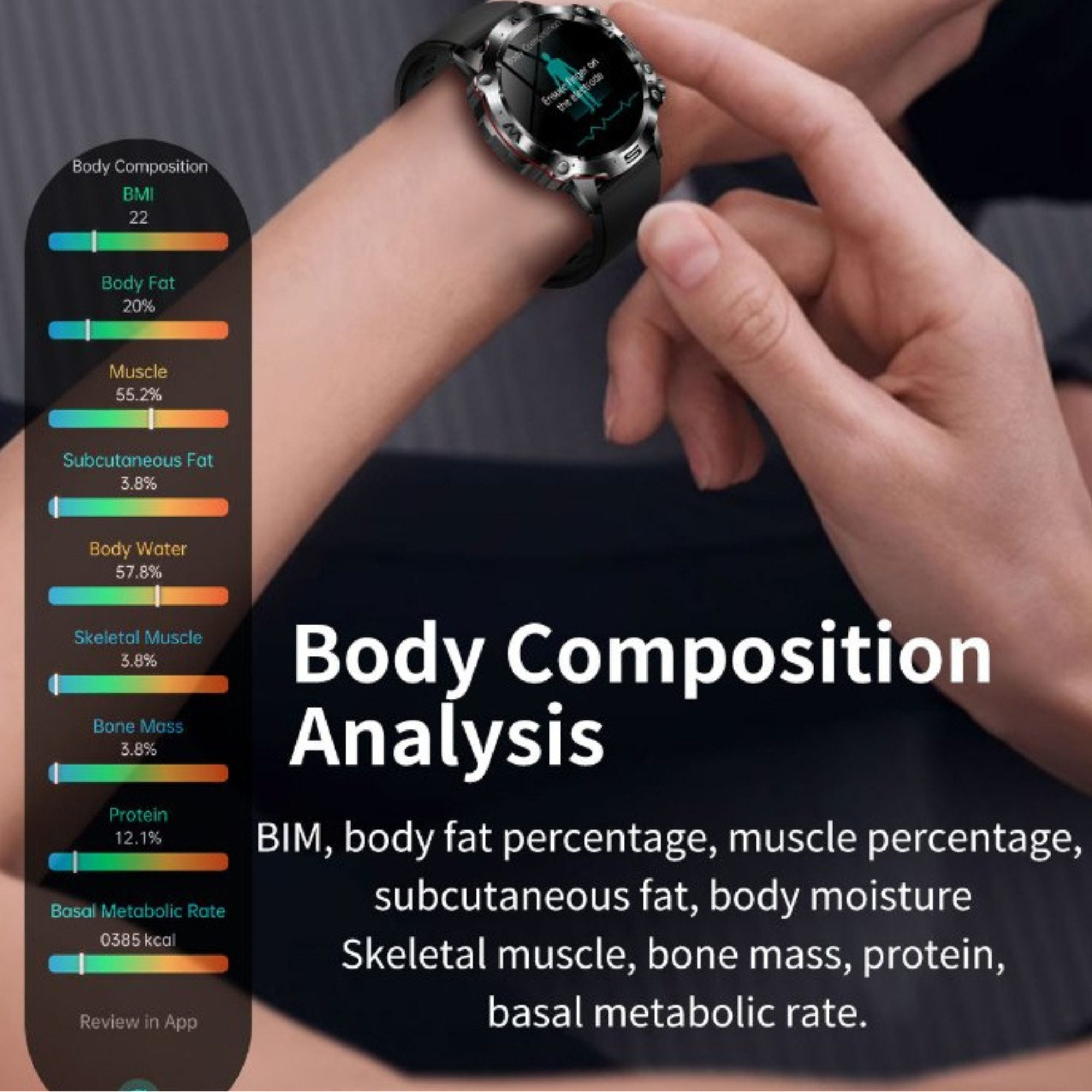 Smartwatch wyświetlający analizę składu ciała. Pokazuje BMI, tkankę tłuszczową, mięśnie i inne.