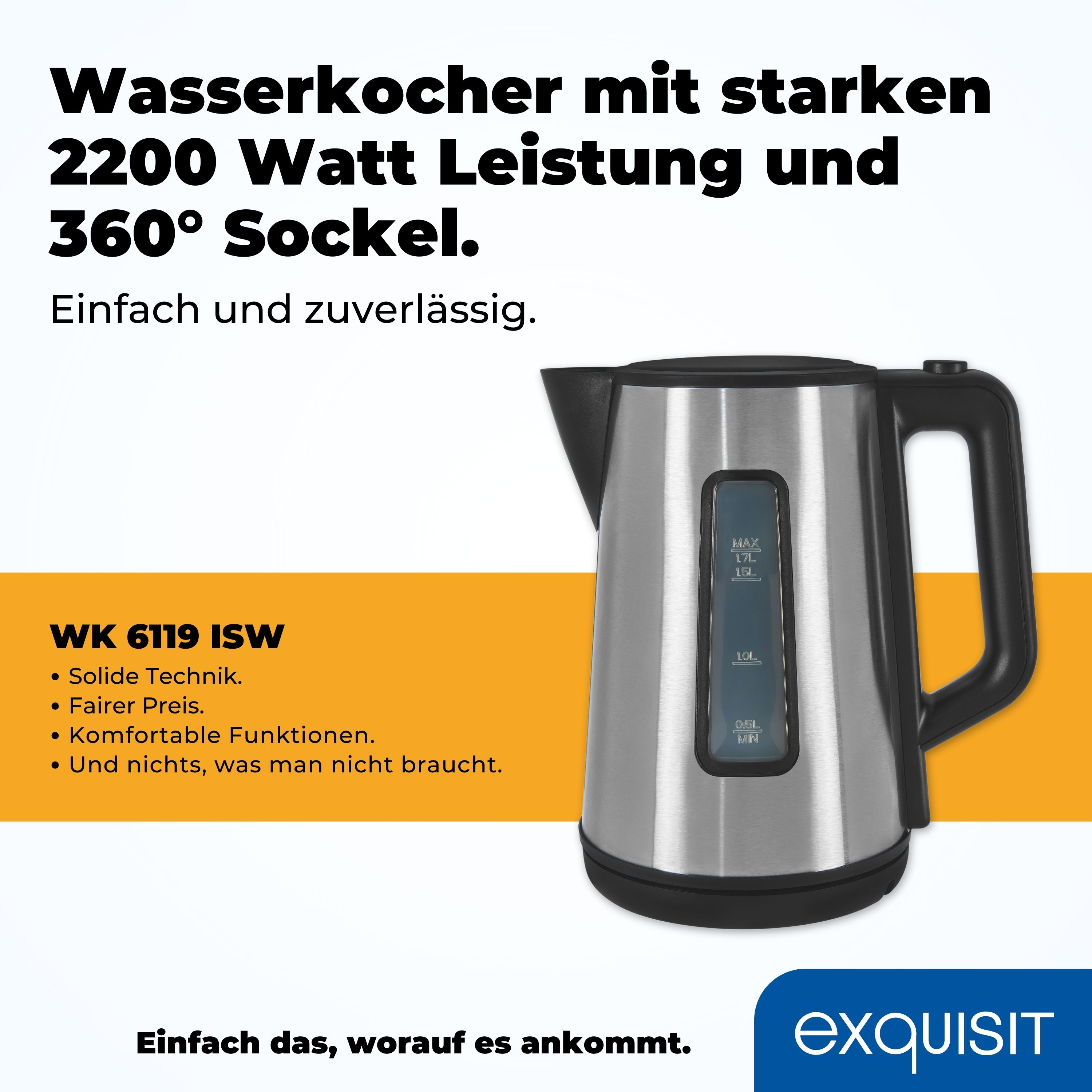 Silberner Wasserkocher mit schwarzem Griff und Boden, auf orangefarbenem Hintergrund.