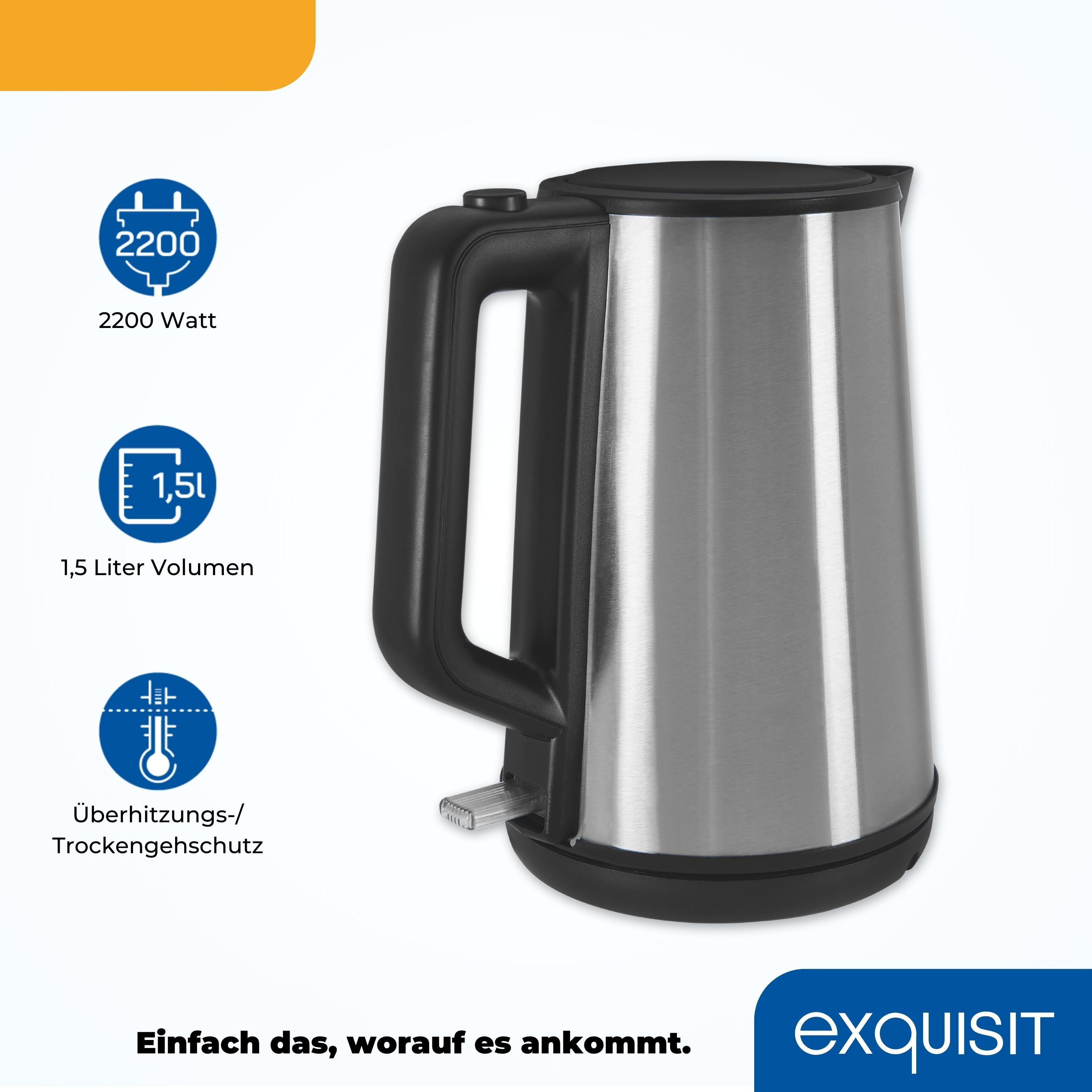 Silberner Wasserkocher mit schwarzem Griff und Sockel sowie Info-Symbolen.