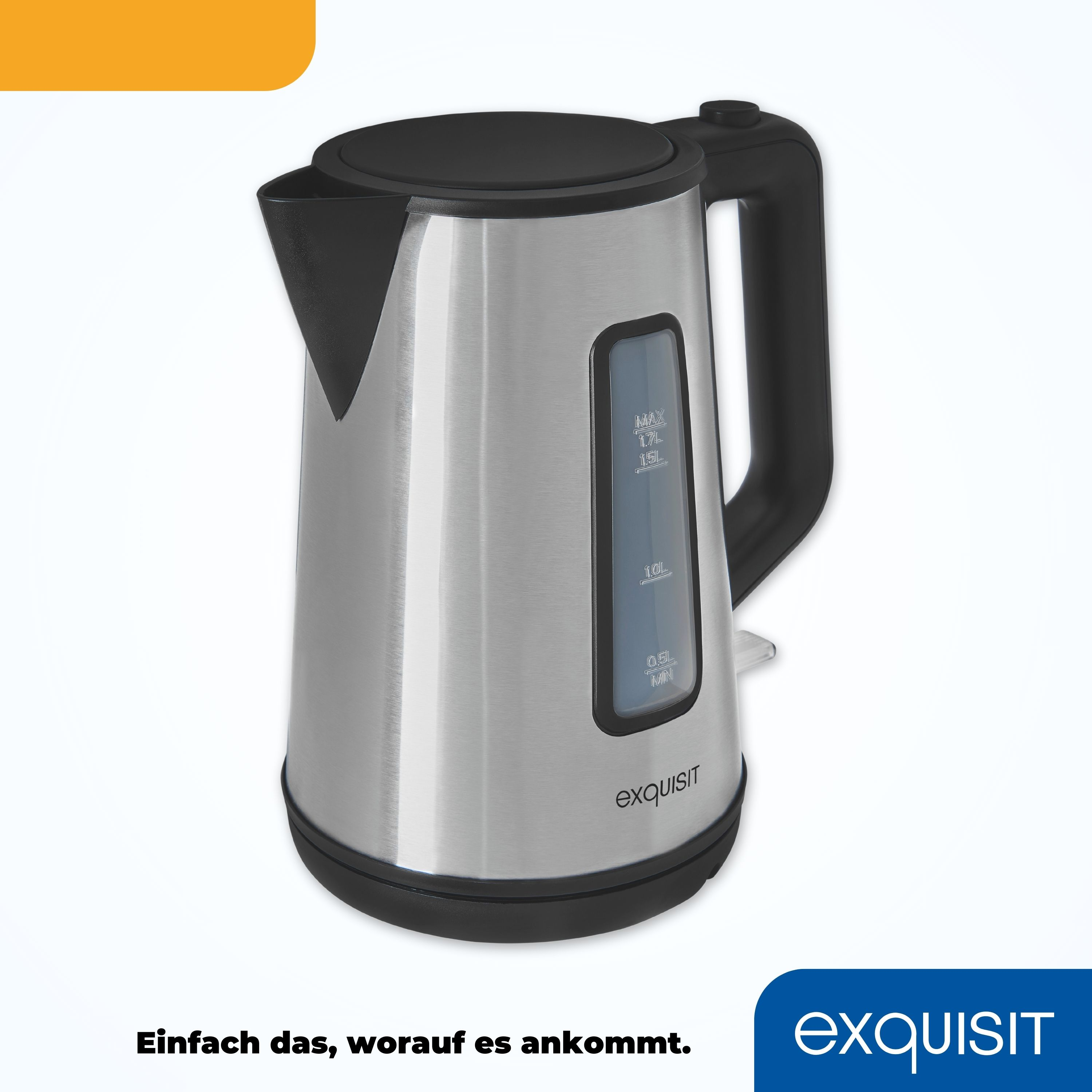Ein silberner Wasserkocher mit schwarzem Griff, Boden und Deckel, Text: "exquisit".