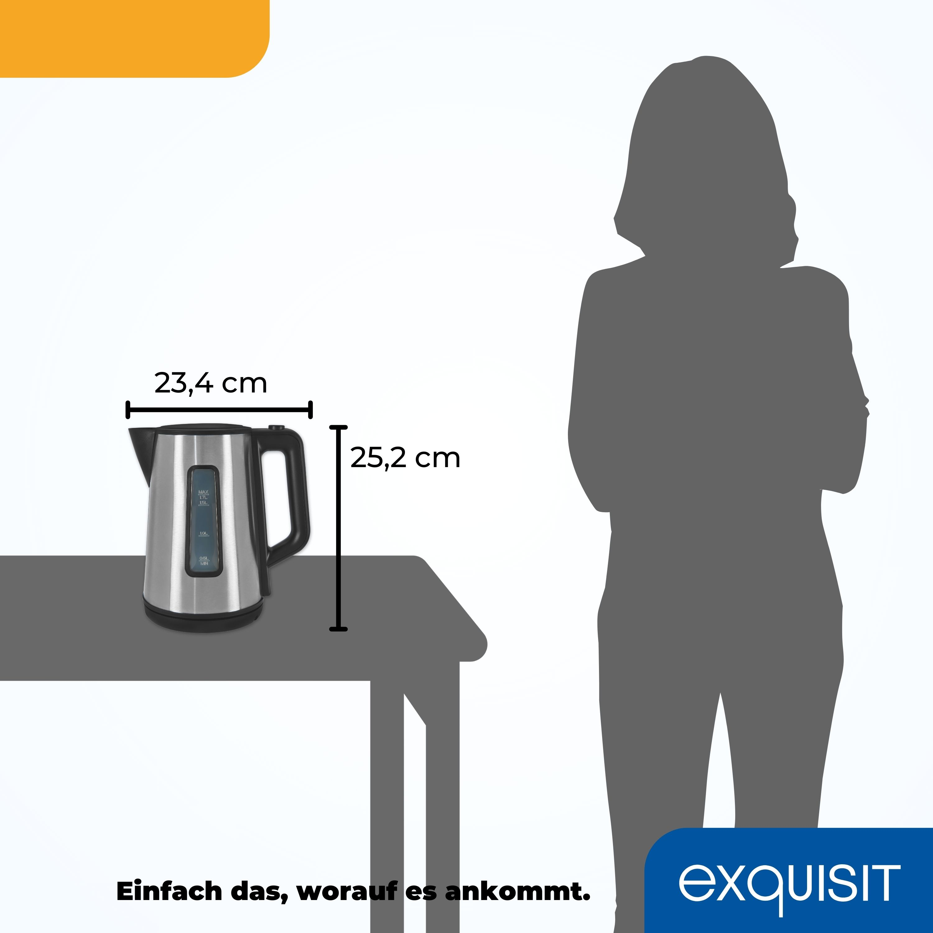 Elektrischer Wasserkocher aus Edelstahl. Abmessungen sind mit einer Personensilhouette dargestellt.