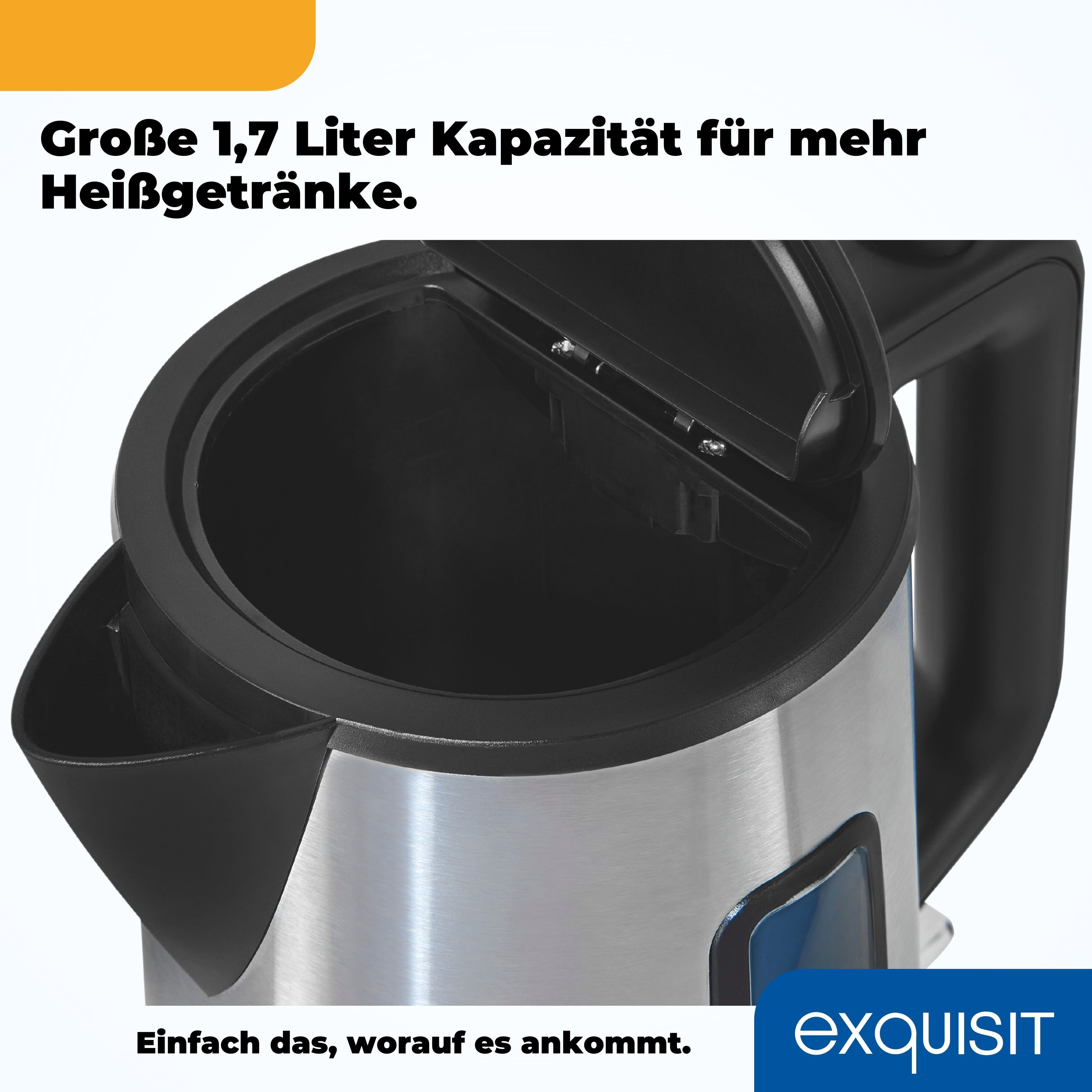 Nahaufnahme eines Wasserkochers mit geöffnetem Deckel. Der Wasserkocher ist aus Edelstahl.