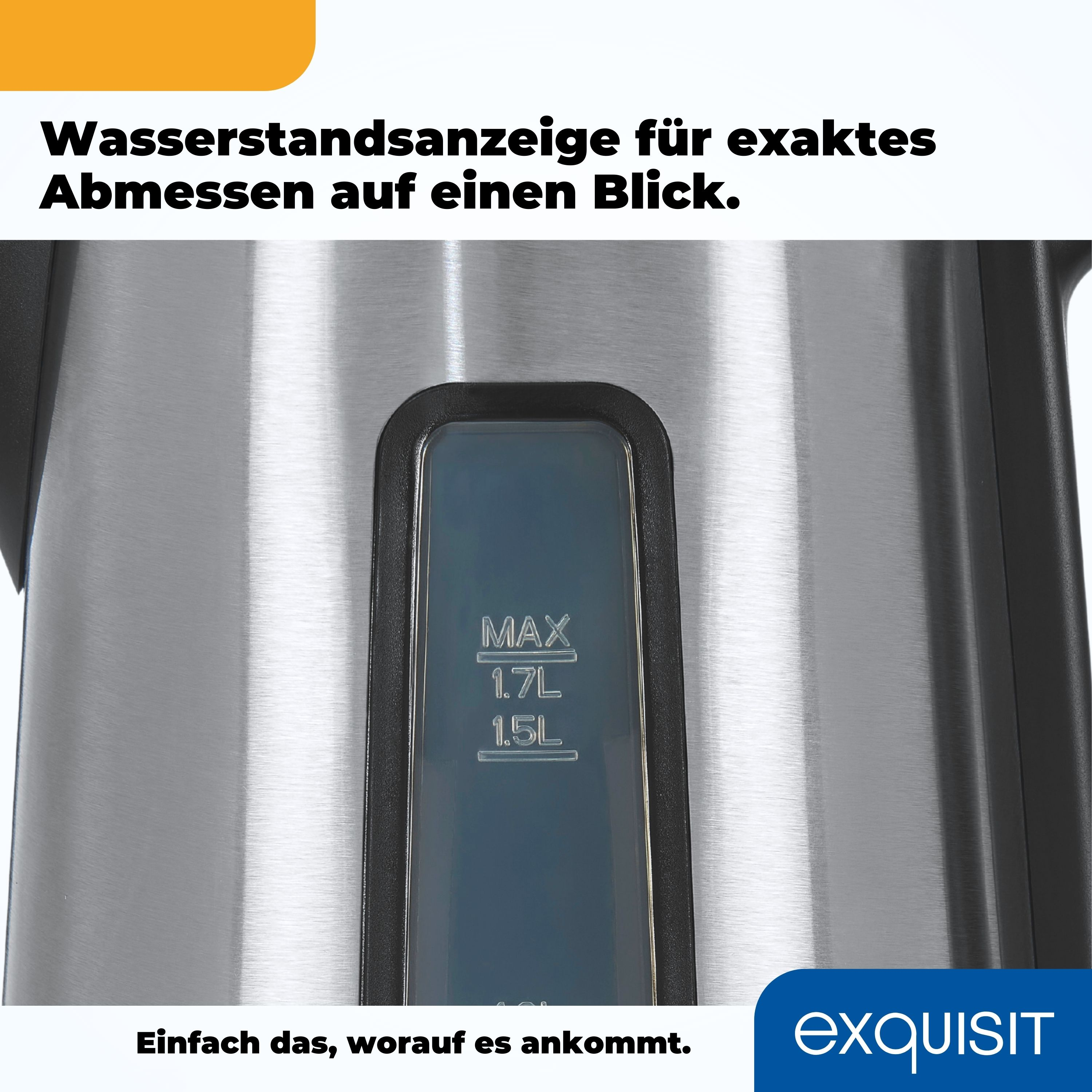 Edelstahl-Kessel mit Wasserstandsanzeige, blauem Fenster und schwarzem Rand. Text auf Deutsch.