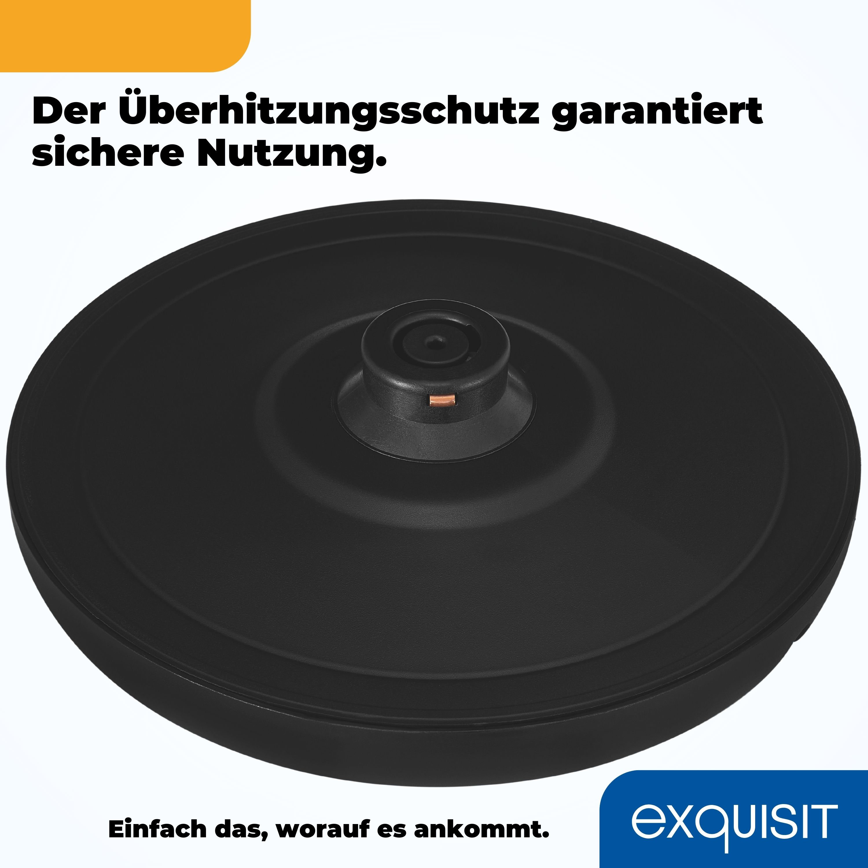 Ein schwarzes, kreisförmiges Gerät, möglicherweise ein Heizelement, wird vor weißem Hintergrund gezeigt. Text lautet 'Sichere Nutzung'.