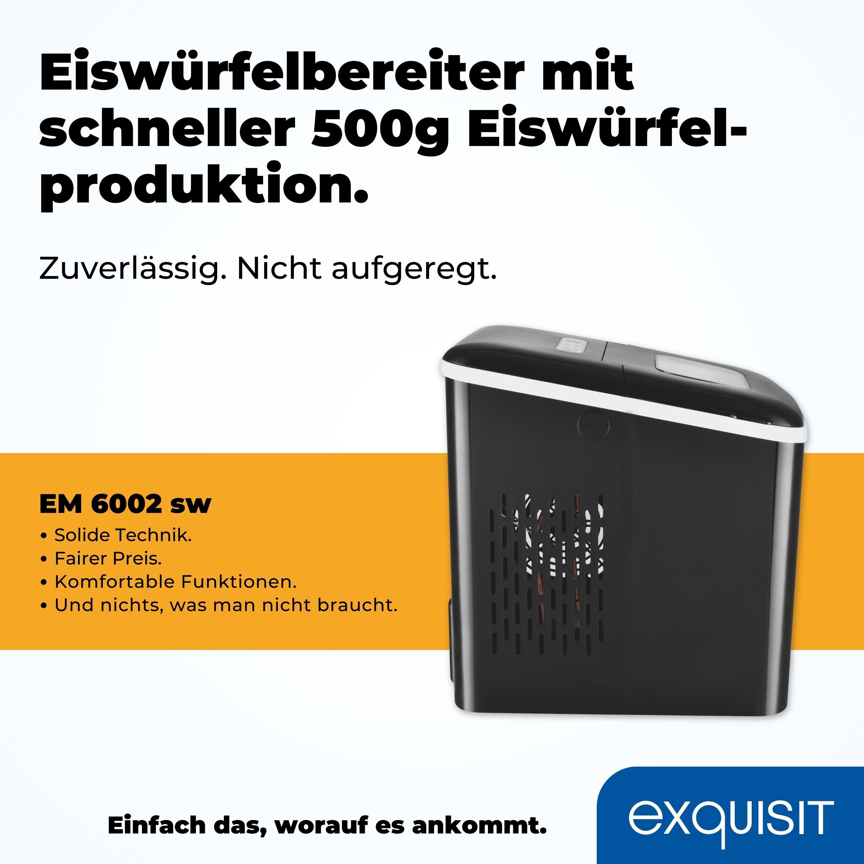 Schwarzer Eiswürfelbereiter mit deutschem Text. Weiße Verkleidung, Produktdetails, Logo.