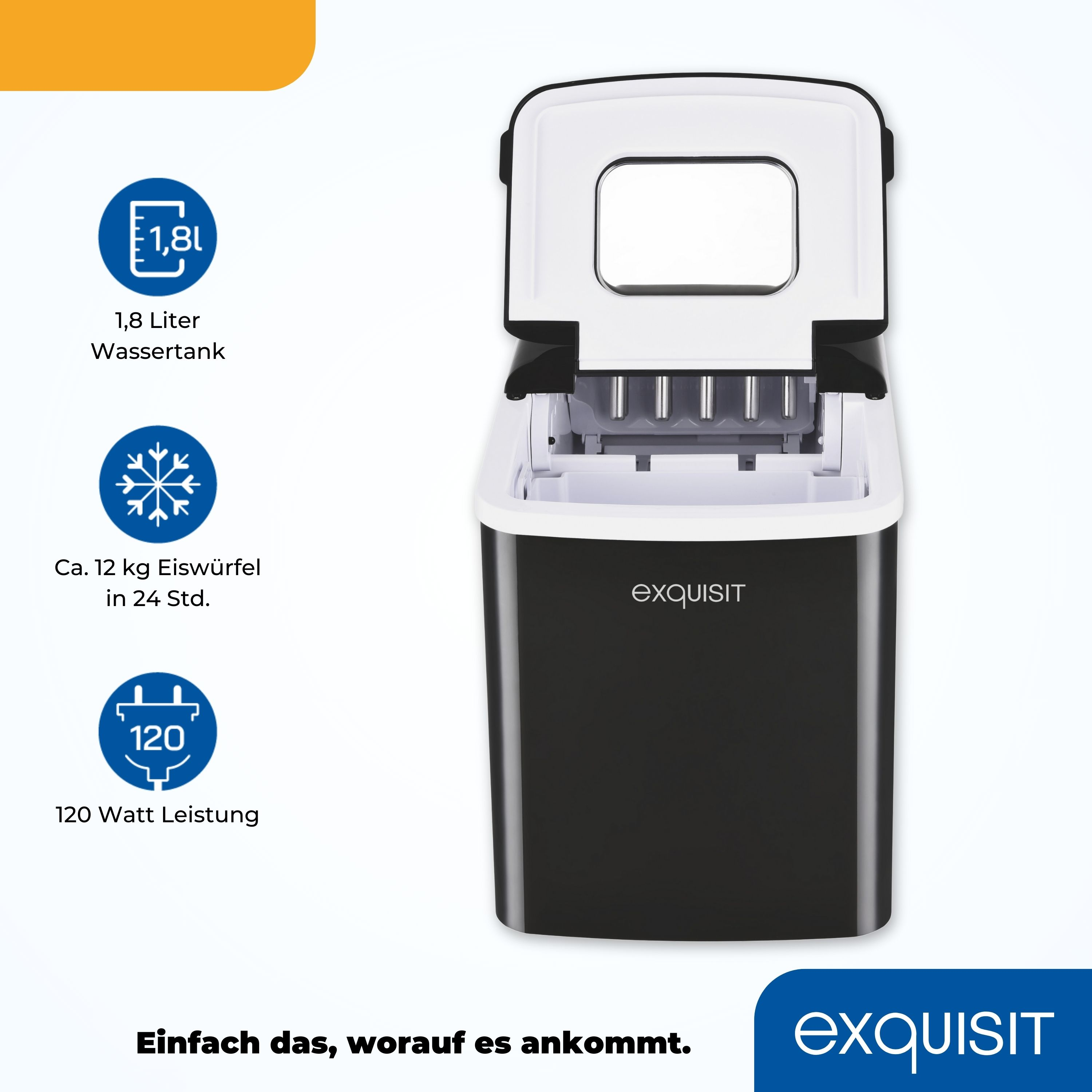 Ein Eismaschine mit geöffneter Oberseite. Es hat ein schwarz-weißes Design. Der Text und die Symbole sind sichtbar.